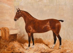 Peinture à l'huile ancienne d'un portrait de cheval dans une écurie britannique, 1891