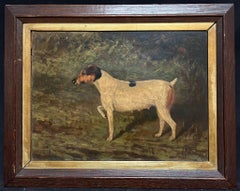 Feines viktorianisches englisches Hundegemälde, Ölgemälde, Jack Russell Terrier in Landschaft 1887