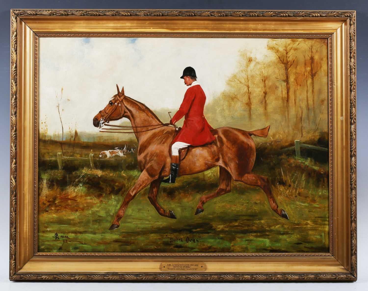Une amende  peinture à l'huile sur toile d'un cheval et d'un cavalier avec des chiens.
Cette scène traditionnelle de campagne montre le cavalier portant sa veste de chasse rouge, identifié comme M. Mackenzie chevauchant "dutch oven"
avec des chiens