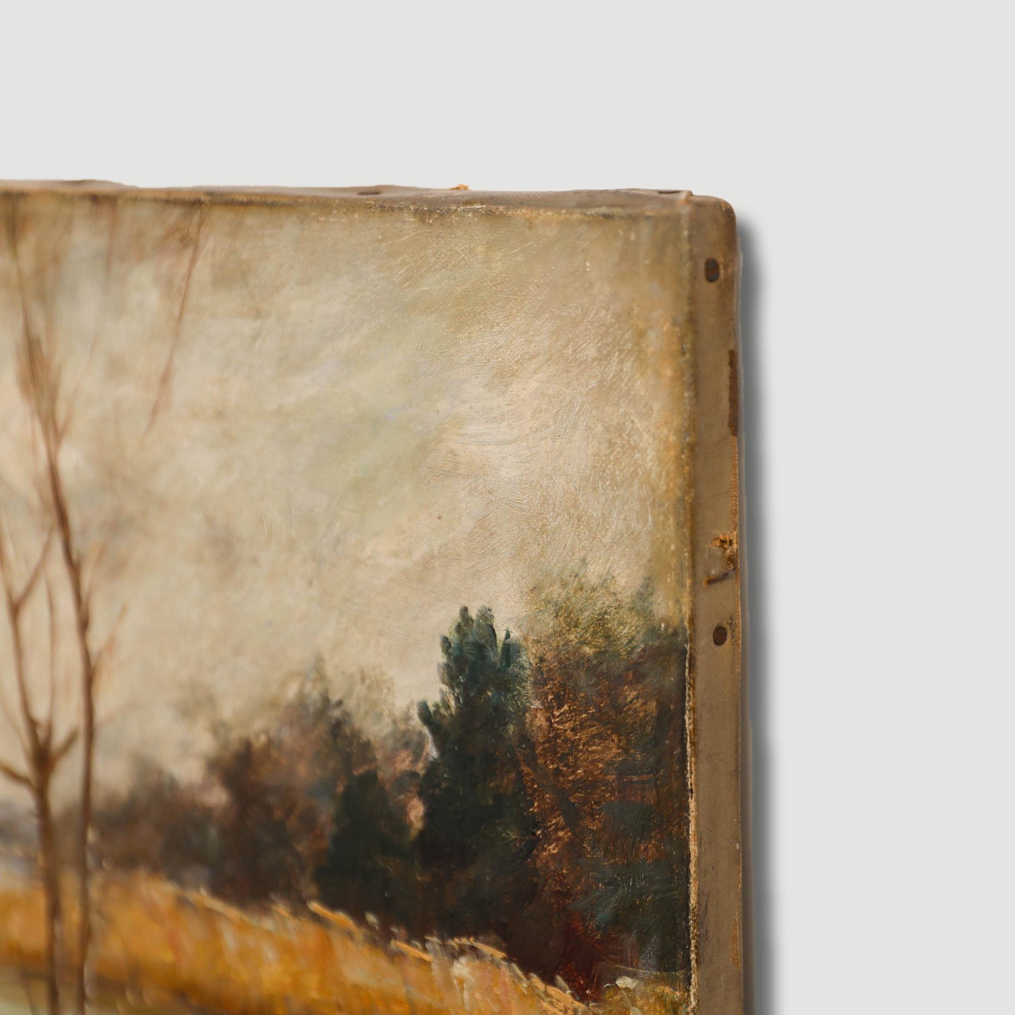 Questo studio ad olio del XIX secolo dell'apprezzato artista George Thomas Paice raffigura una veduta di un vasto lago con davanti delle colline all'orizzonte. L'artista crea una scena d'atmosfera con le nuvole che si addensano in alto e gli alberi