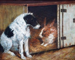 Portrait of Dog and Rabbit Friends - British animal art oil painting friendship