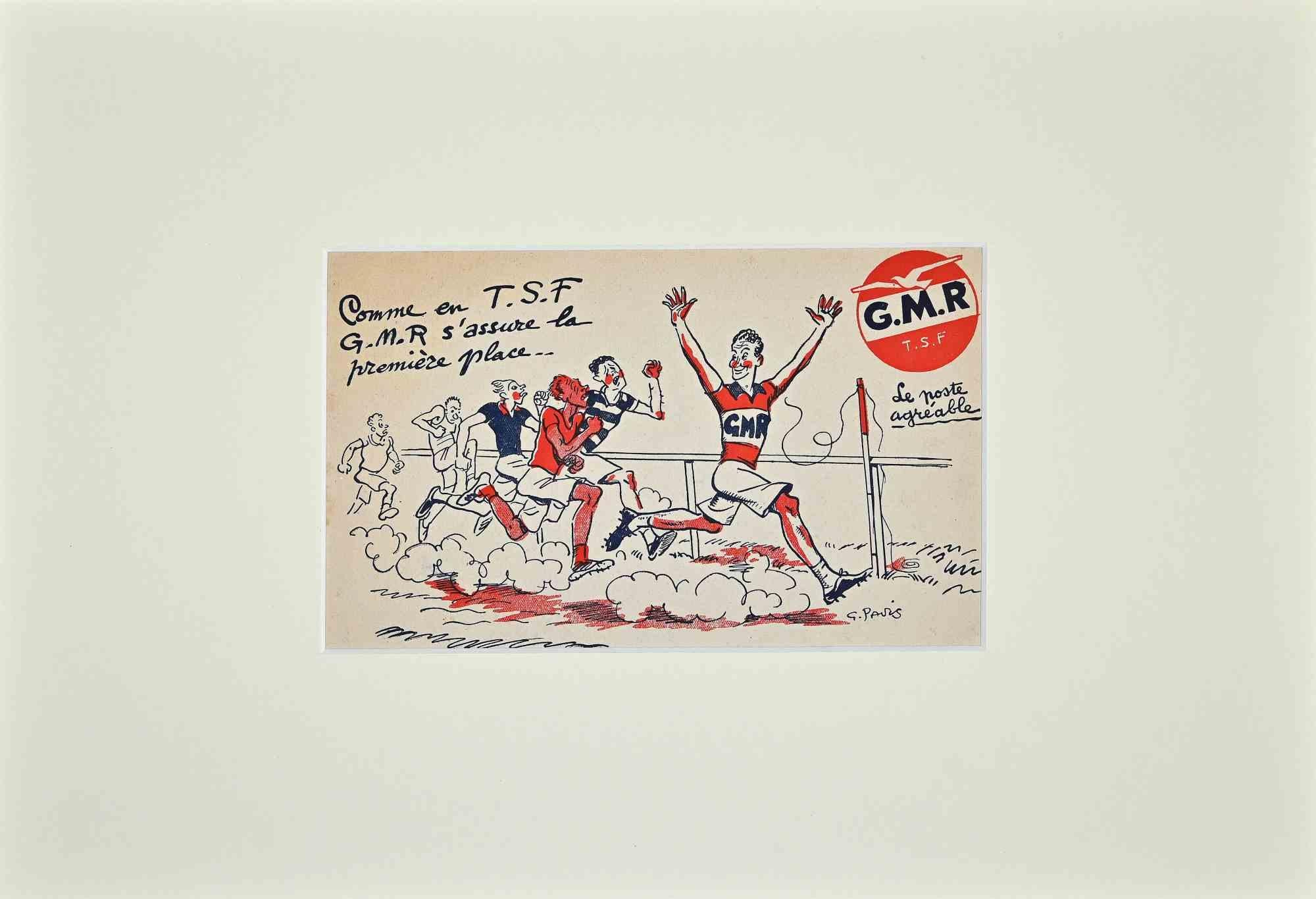 George Pavis Figurative Print - Commen en T.S.F. G.M.R. s'Assure la Première Place-Lithograph by G. Pavis -1940s
