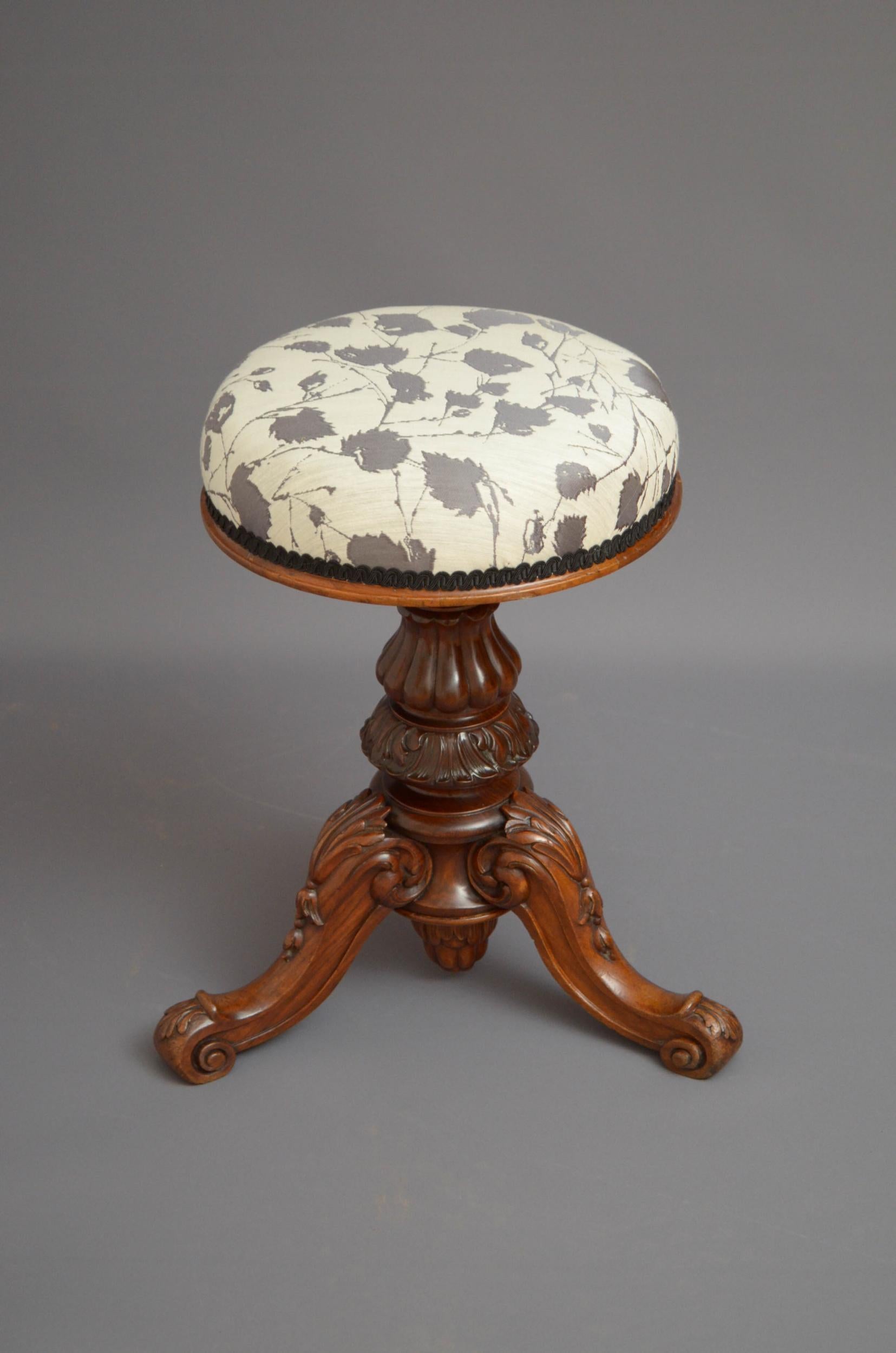 Sn4928 Superb quality Victorian walnut dressing table stool, having height adjustable, revolving seat and vase shaped column with finely carved collar, terminating in three carved, cabriole legs united by acorn finial. This antique stool is