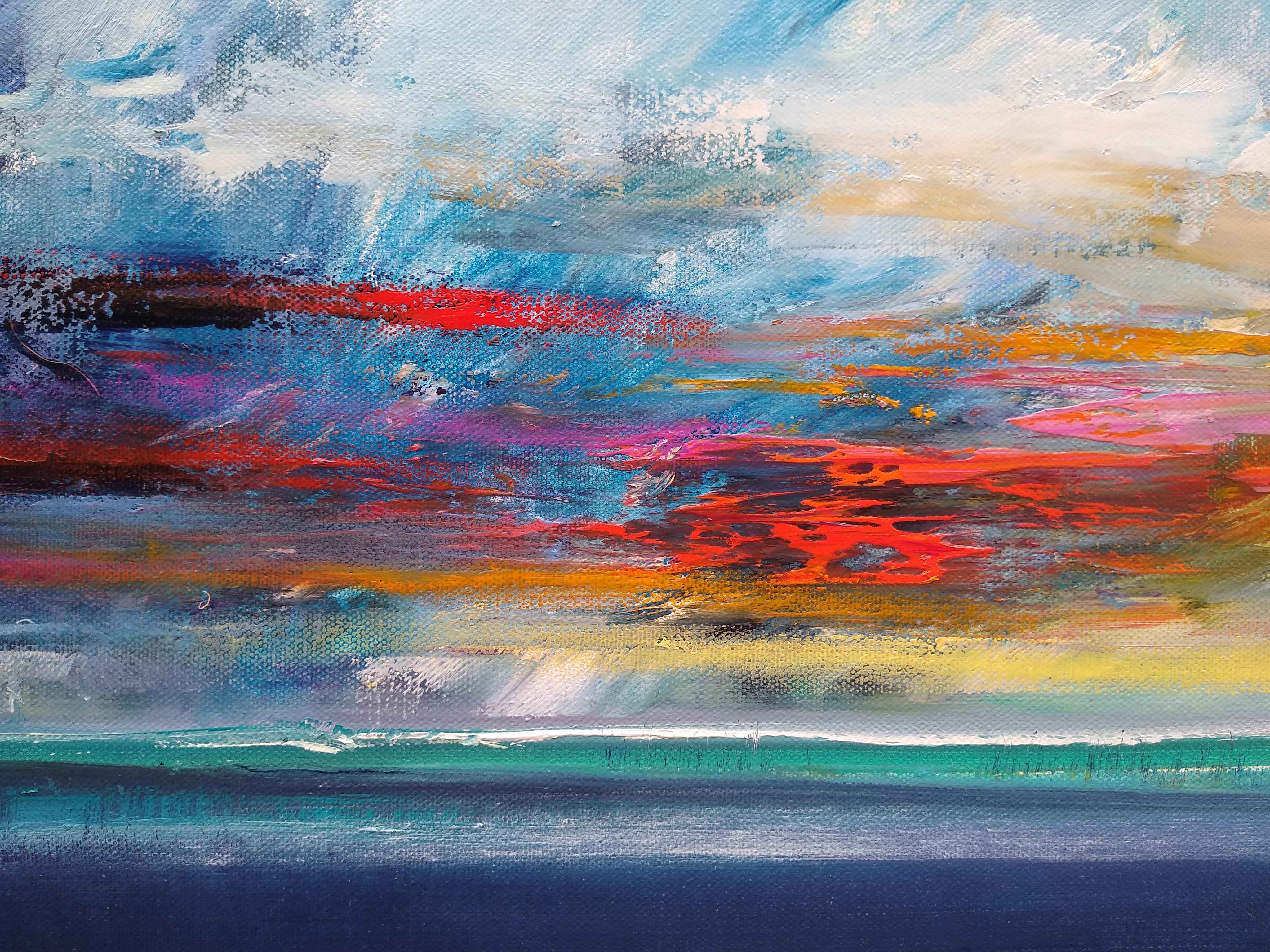 <p>Artist Comments<br />Autumn sunset over water. Rapid brushwork in the clouds in intersecting blue, purple, green, red, pink and yellow. At the edge of the turquoise horizon, the impression of falling rain. George Peebles is known for his dramatic