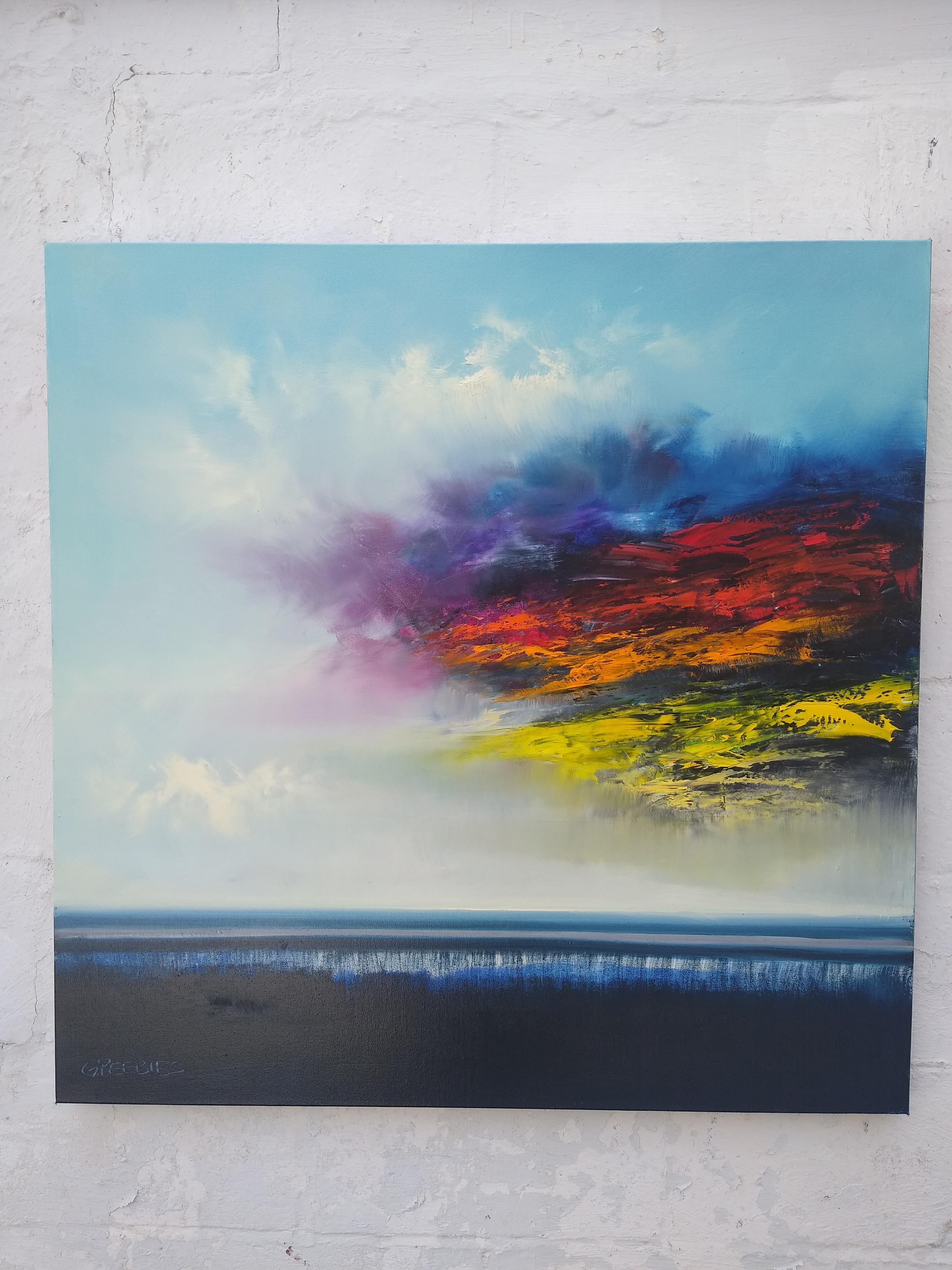 <p>Artist Comments<br>Artist George Peebles exhibits a captivating view of a dramatic landscape. The striking colors of a new day beautifully emerge from the sky. A stark contrast between the muted blue atmosphere and prismatic flares of