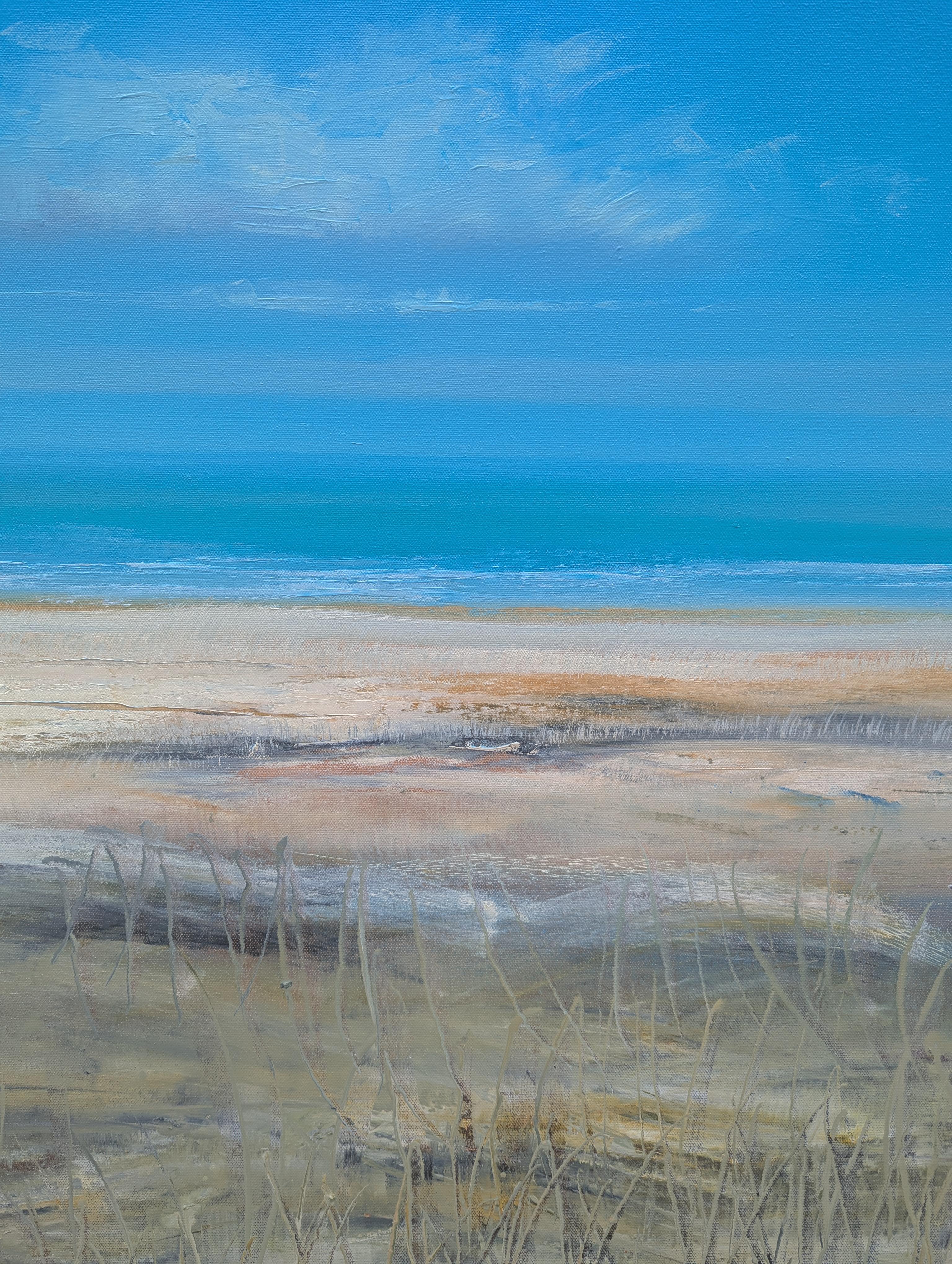 <p>Artist Comments<br>A vast shore stretches toward a calm blue sea, basking in the warmth of the summer sun. Wispy grasses in the foreground add contrast to the softness of the scene. A single cloud drifts hazily in the sky, evoking a sense of