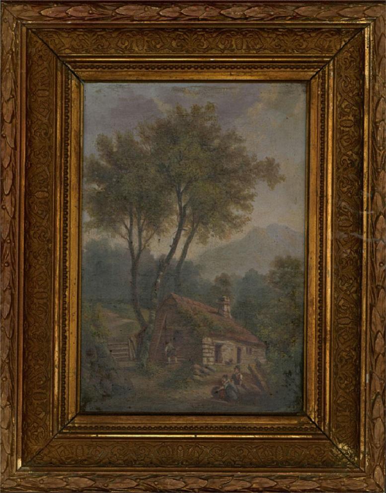 A pastoral scene depicting an old house in the Welsh village of Betws-y-Coed which lies in the Snowdonia National Park. Presented in an ornate distressed gilt frame with a beaded inner, acanthus leaf and ribbon detailing to the cove, and leaf and