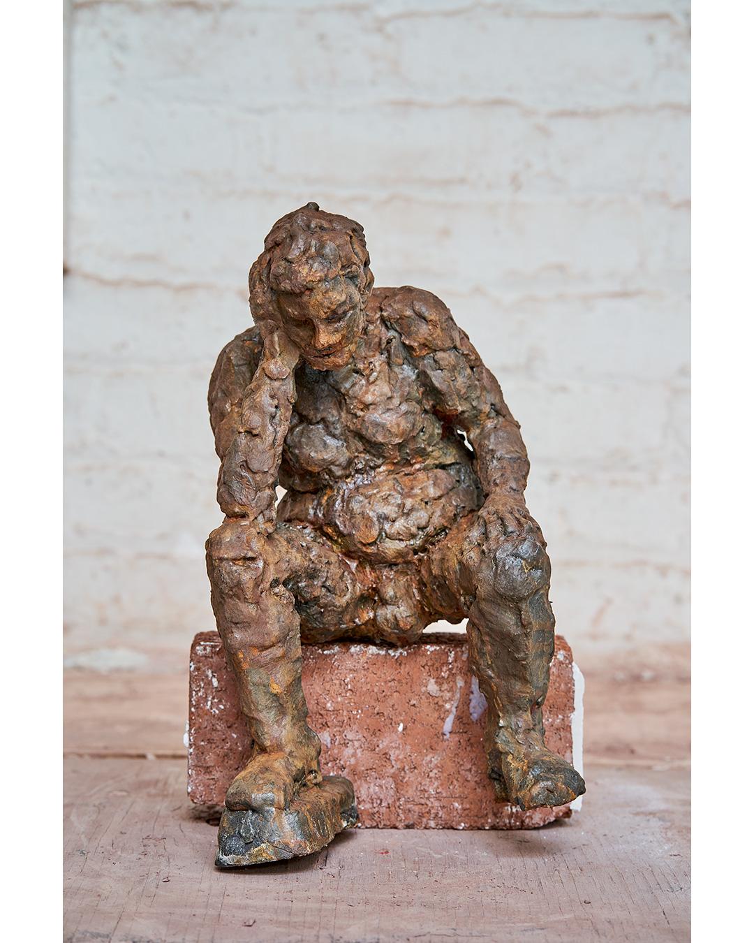 George Petrides Nude Sculpture - "Raymond the Thinker" Nude Figurative Sculpture, Brown, Rust