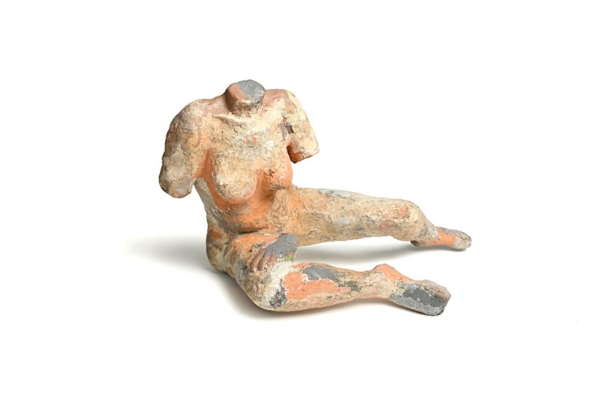 George Petrides Nude Sculpture - "Sarah as the Dying Gaul" Nude Figurative Sculpture, Grey, White, Clay