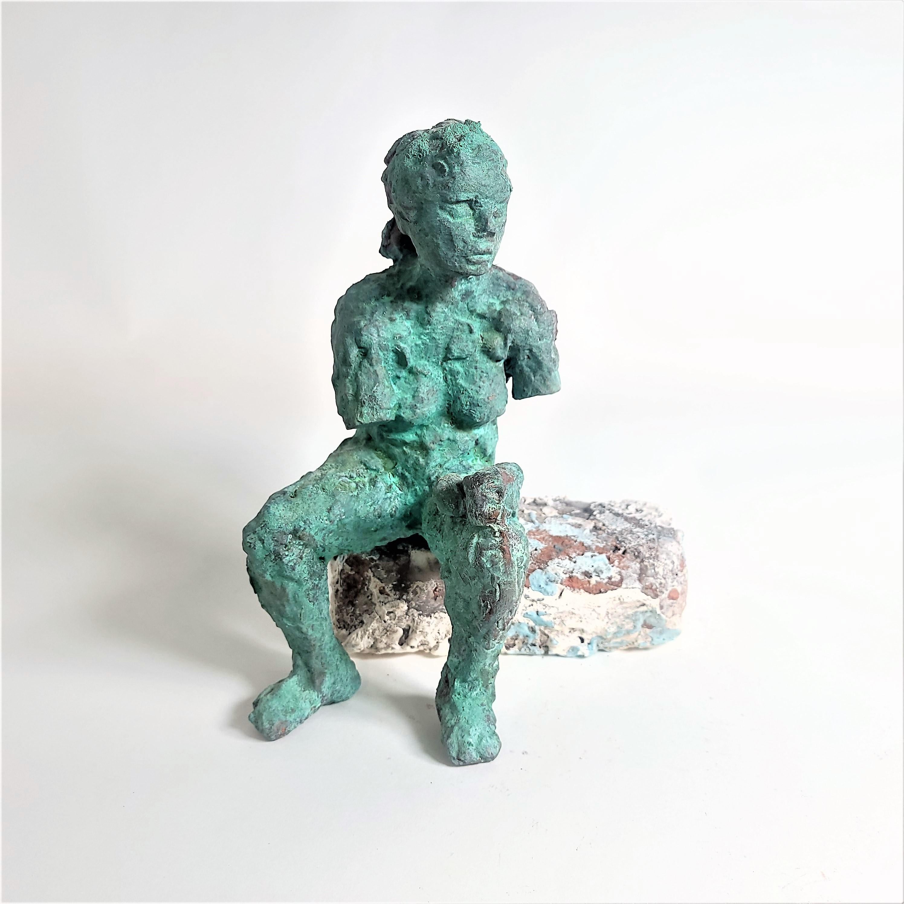 George Petrides Nude Sculpture - "Tara Sitting" Nude Figurative Sculpture, Green, Copper