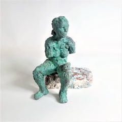 "Tara Sitting" Nude Figurative Sculpture, Green, Copper