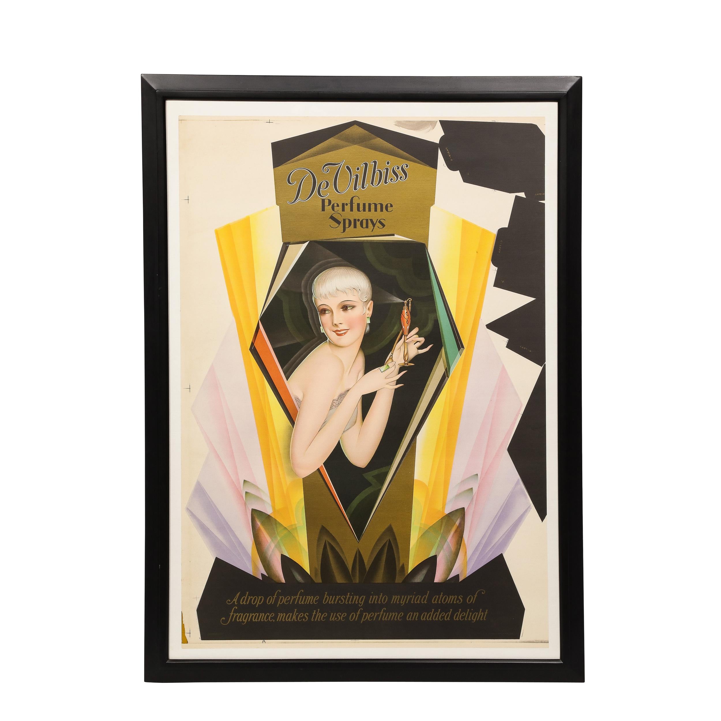 Cette magnifique affiche Art Déco a été réalisée par l'estimé artiste américain George Petty pour l'A.C. Schultz Company en 1926. L'œuvre est une publicité pour le parfum DeVilbiss, qui représente une "Petty Girl" (comme on les appelait) au centre