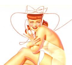Original George Petty Pinup 'woman sitting with sunhat and phone