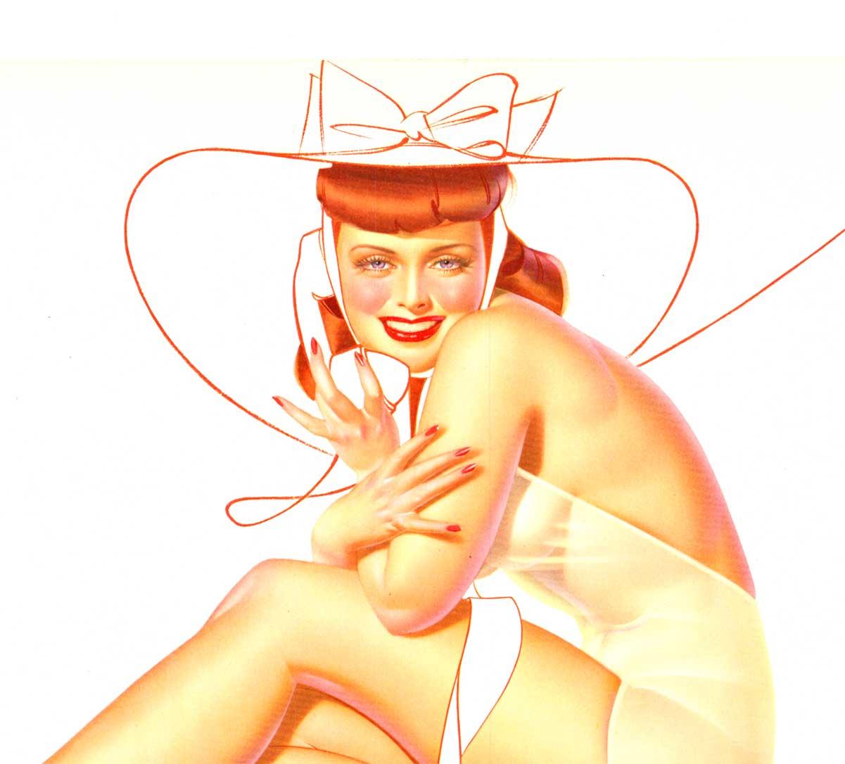 Original George Petty pinup, woman sitting with big sunhat and telephone.  Archivally linen backed vintage pinup in very fine condition, ready to frame.   (Note:  this lithograph is NOT removed from a pinup calendar!)

Introducing the original