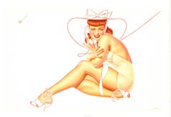 Pinup original de George Petty 'mujer sentada con sombrero de sol y teléfono