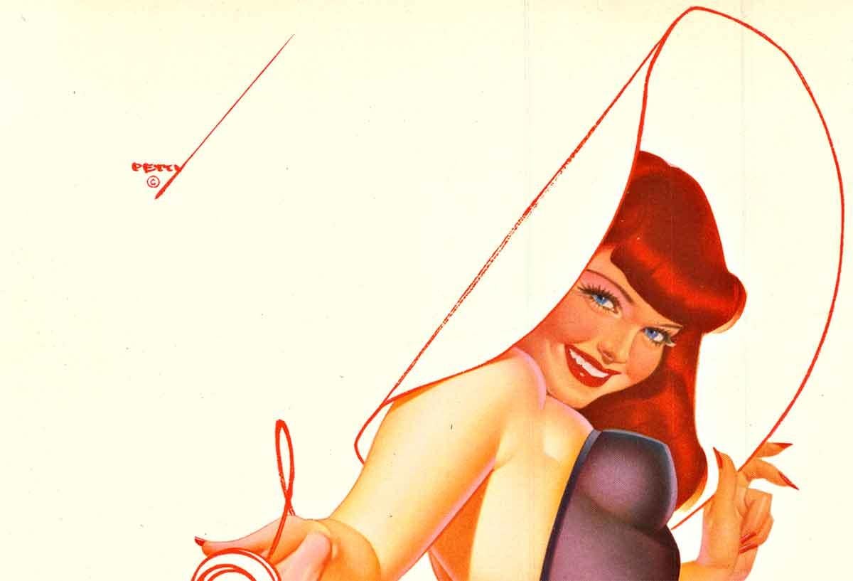 Pin-Up original - Llamada telefónica chica pin-up vintage con respaldo de lino. - Portrait Print Blanco de George Petty