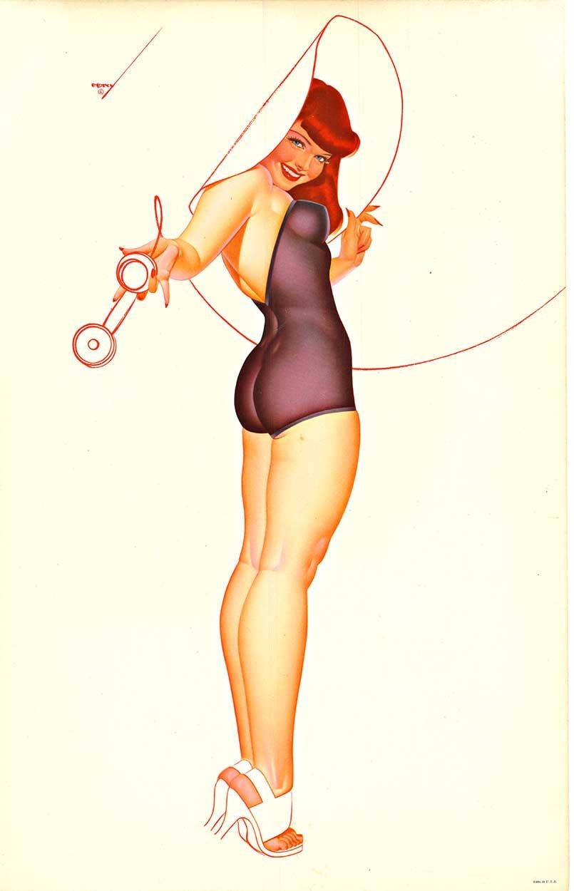Pin-Up originale - Chiamata telefonica ragazza pinup vintage con sfondo in lino.