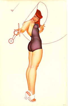 Pin-Up originale - Chiamata telefonica ragazza pinup vintage con sfondo in lino.