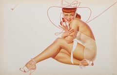 Redhead on Telephone, Photorealist Offset Lithograph by George Petty