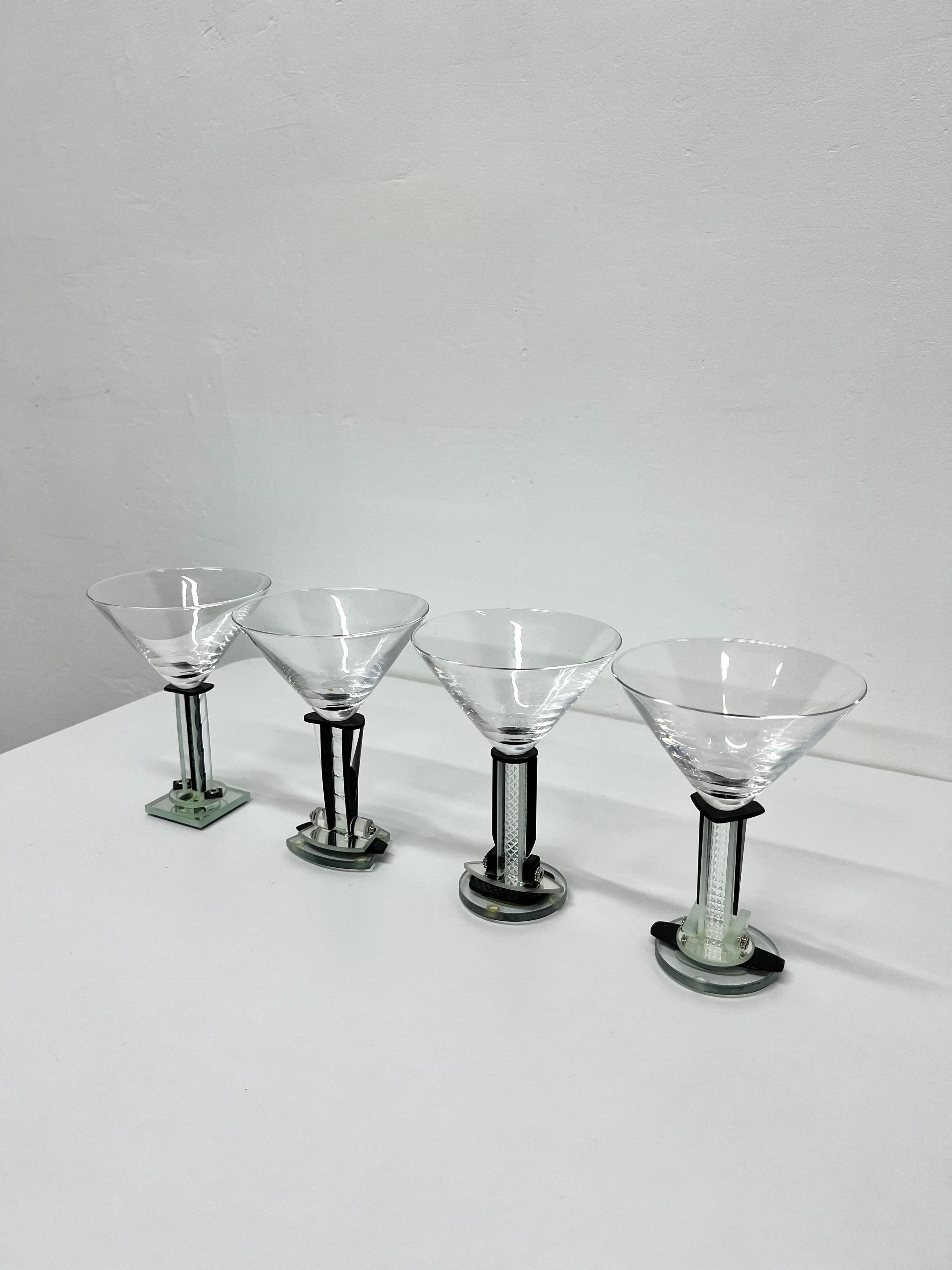 Set of four postmodern deco revival art glasses by George Ponzini.