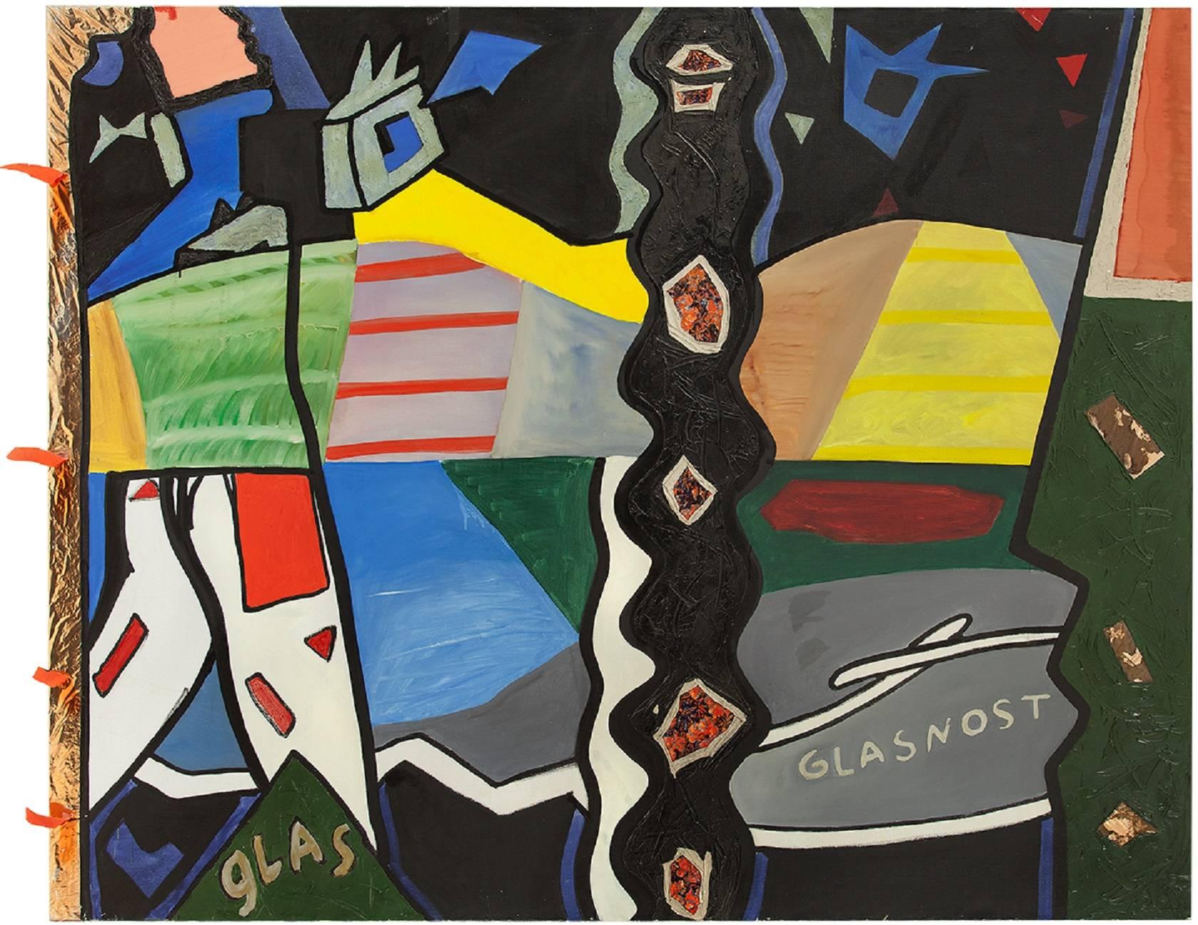 GEORGE PUSENKOFF (RUSSO, 1953), "New Life" 1988, tecnica mista (pittura, nastro, lamina metallica) su tela, 160 x 200 cm (63 x 78 3/4 in.), firmato e titolato sul retro in cirillico e datato sul retro,

George Pusenkoff, pittore e artista di