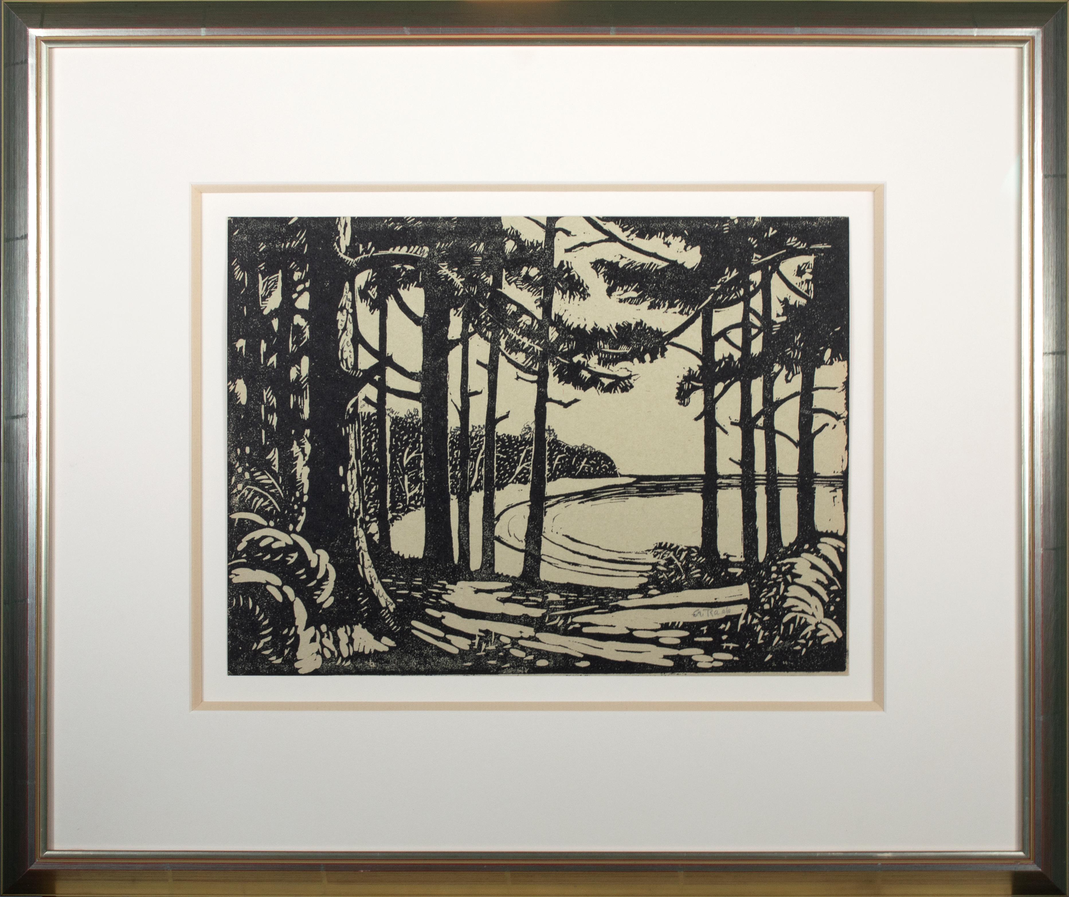 'The Pines' & 'Snow Fall' Landscape Linoleum Block Print signed by George Raab 2