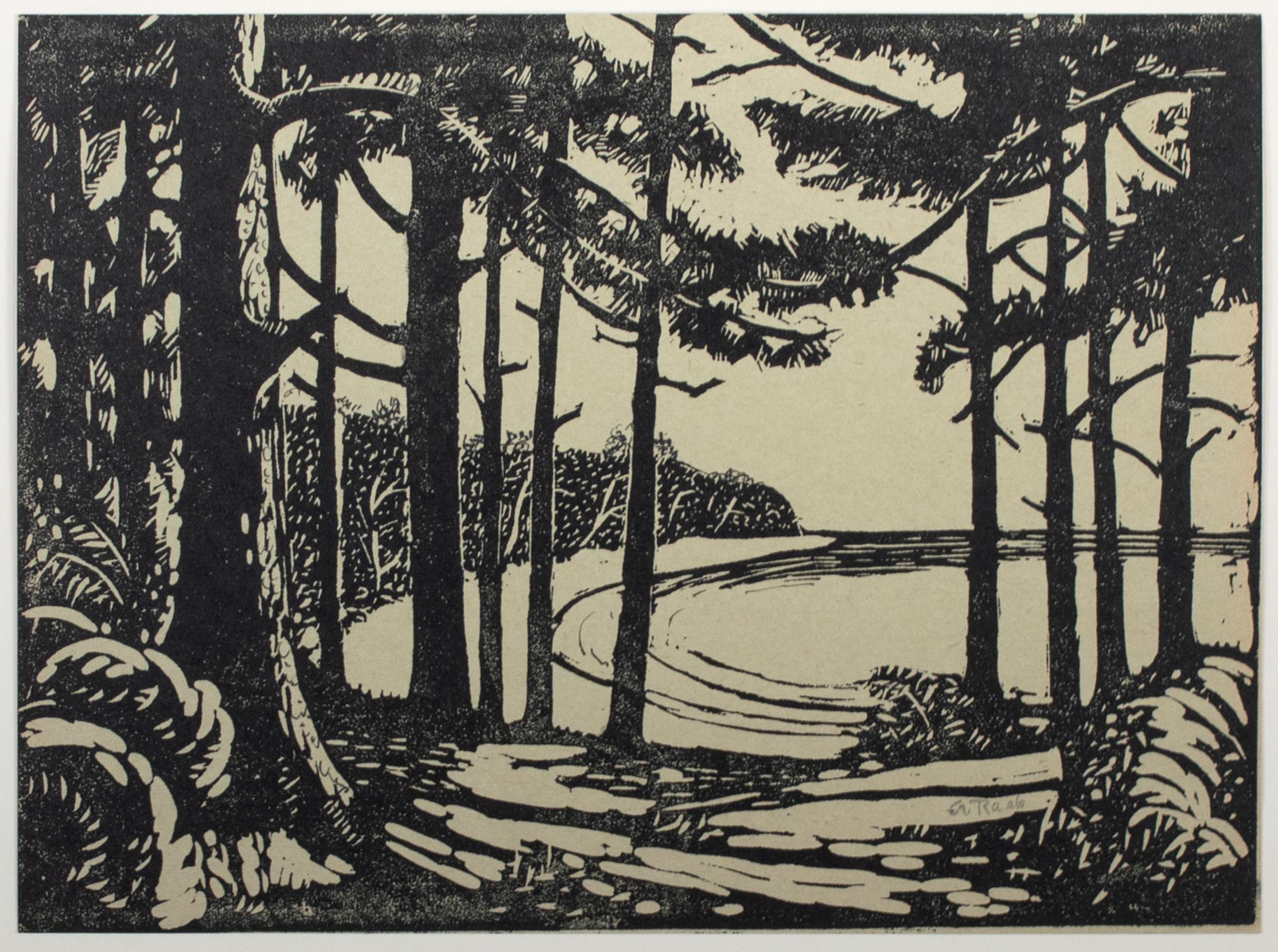 'The Pines' & 'Snow Fall' Landscape Linoleum Block Print signed by George Raab 3
