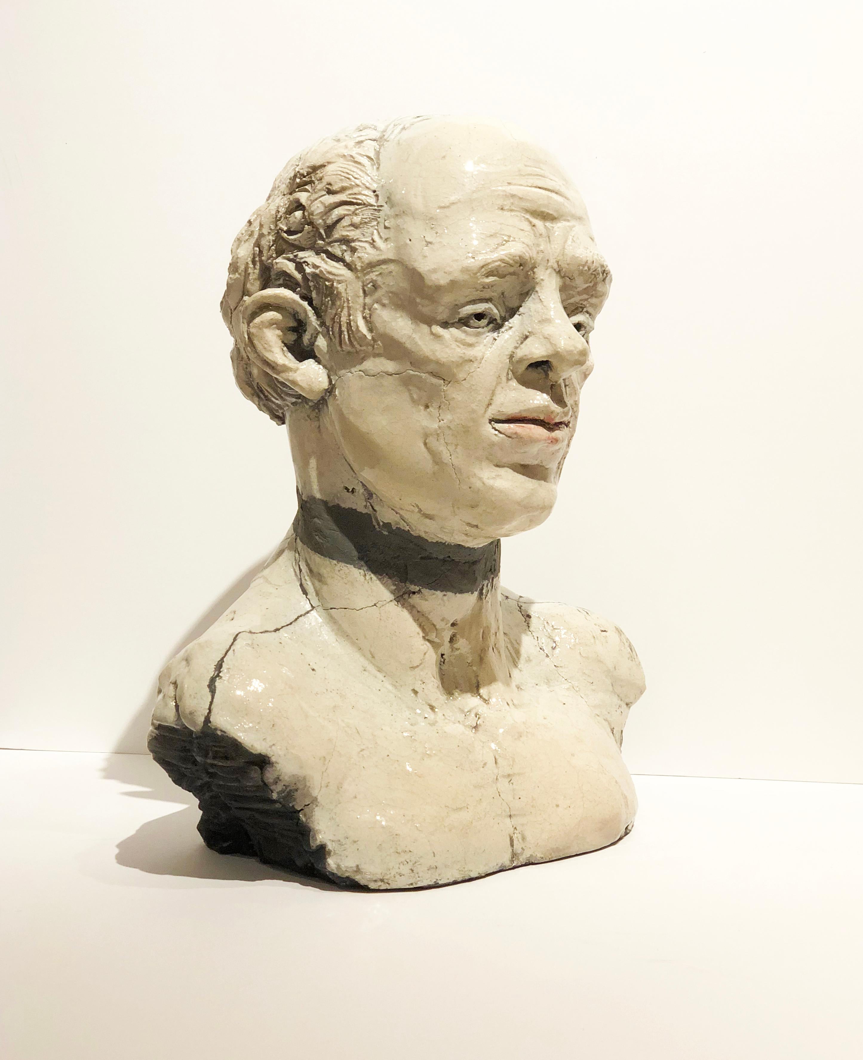 George, Raku Fired Modern White Ceramic Bust of Male Head by Pavel Amromin For Sale 4
