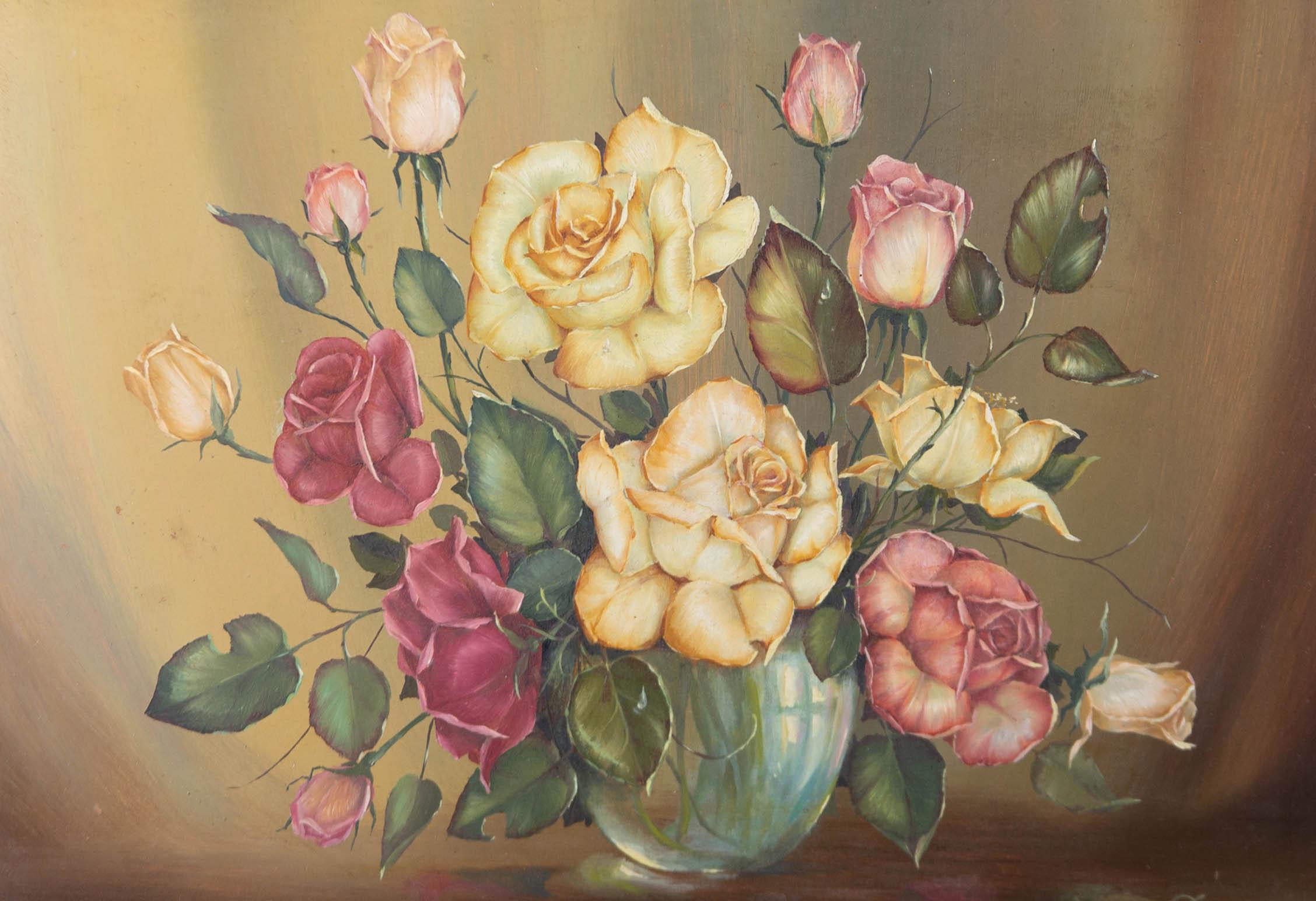 A fine oil painting by George Reekie, depicting a still life painting of roses in a clear vase. Signed and dated to the lower right-hand corner. Well-presented in an ornate gilt effect frame. On board.
