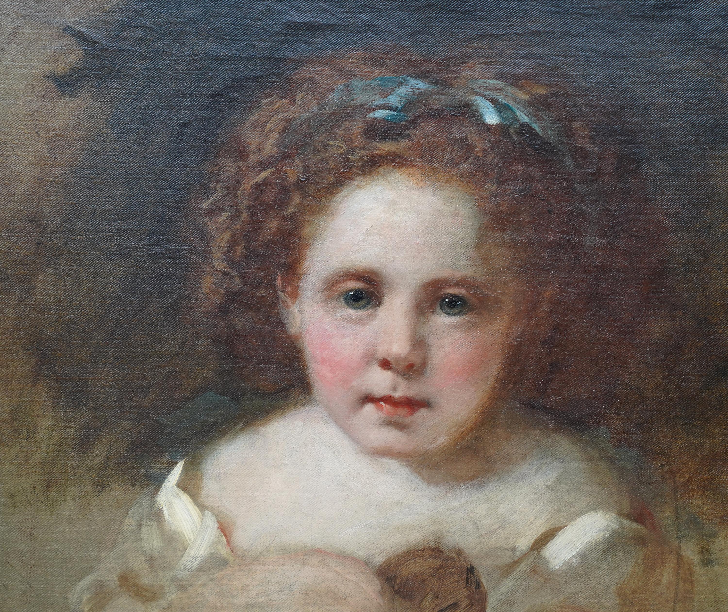 Porträt eines Mädchens mit Mohnblumen – britisches viktorianisches Porträt-Ölgemälde, Hundekunst im Angebot 1