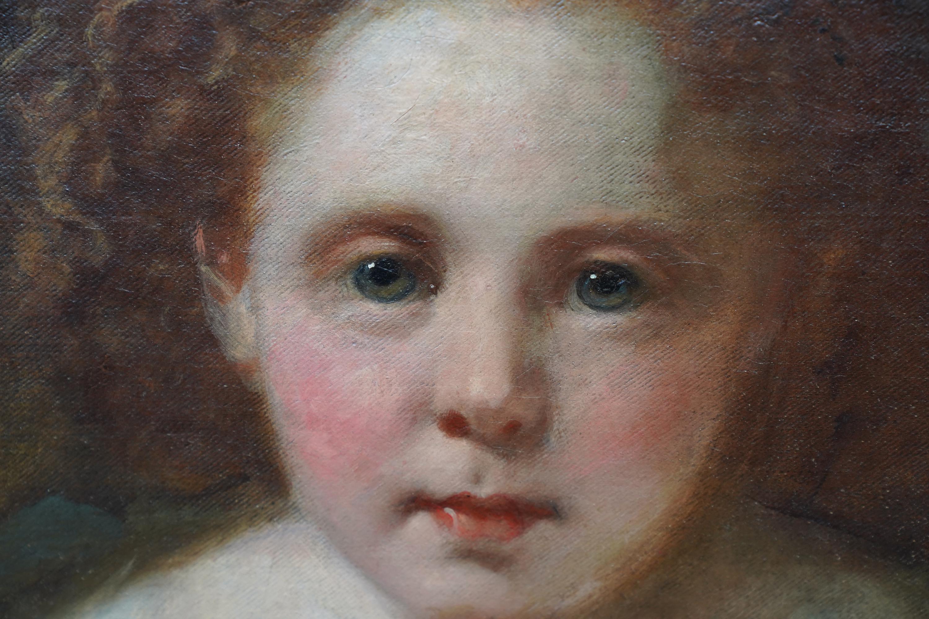 Retrato de niña con cachorro - Retrato victoriano británico pintura al óleo arte canino en venta 2