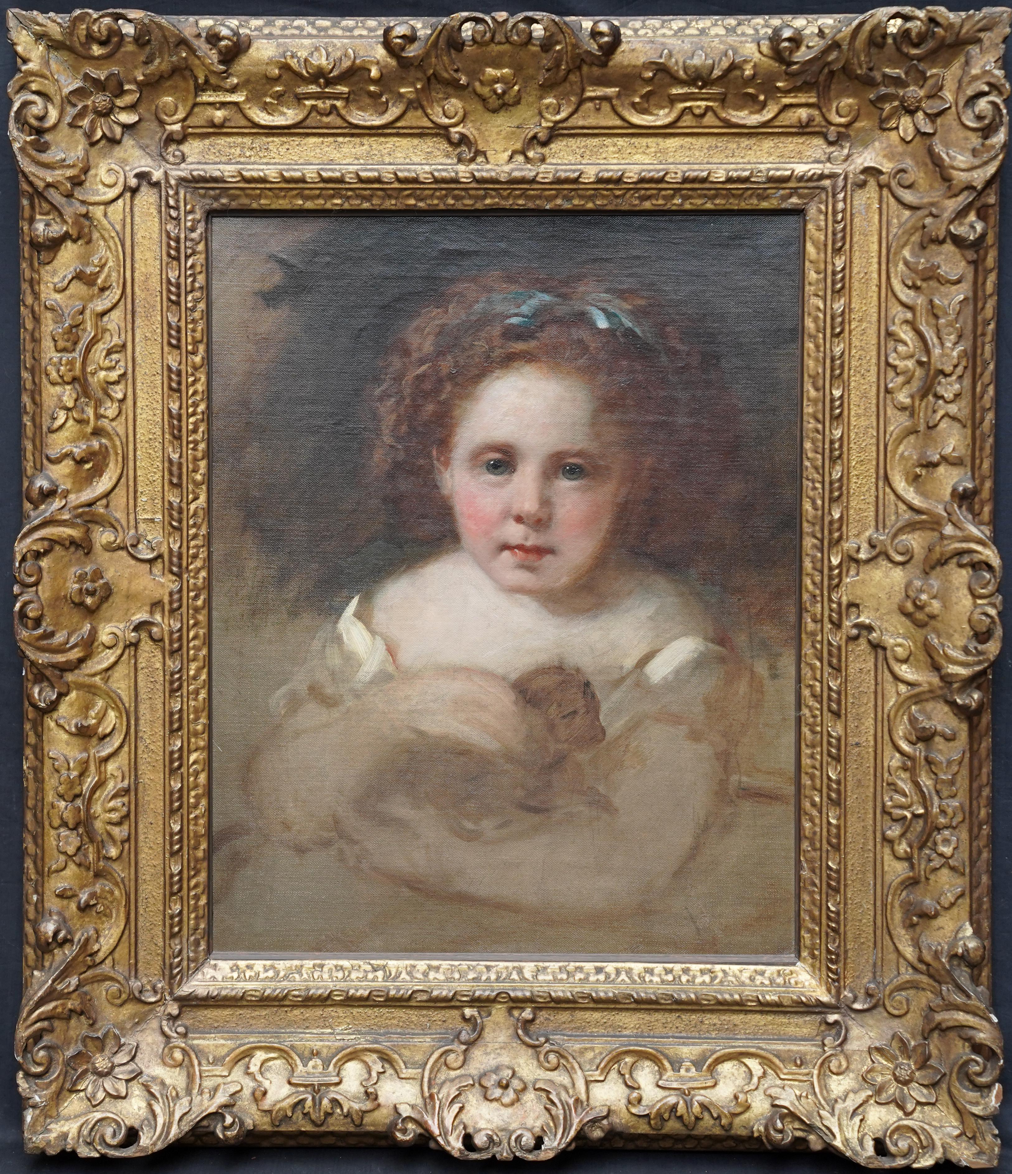 Portrait of Girl with Puppy - British Victorian portrait oil painting dog art