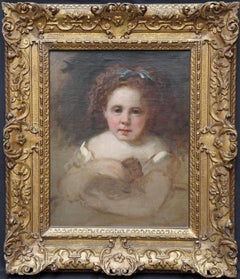 Antique Portrait of Girl with Puppy - British Victorian portrait oil painting dog art