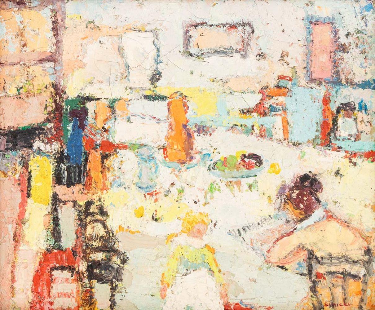 Scena interna con figure sedute - Painting di George René Sinicki