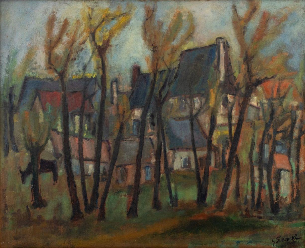 Village Landscape Scene - Painting by George René Sinicki
