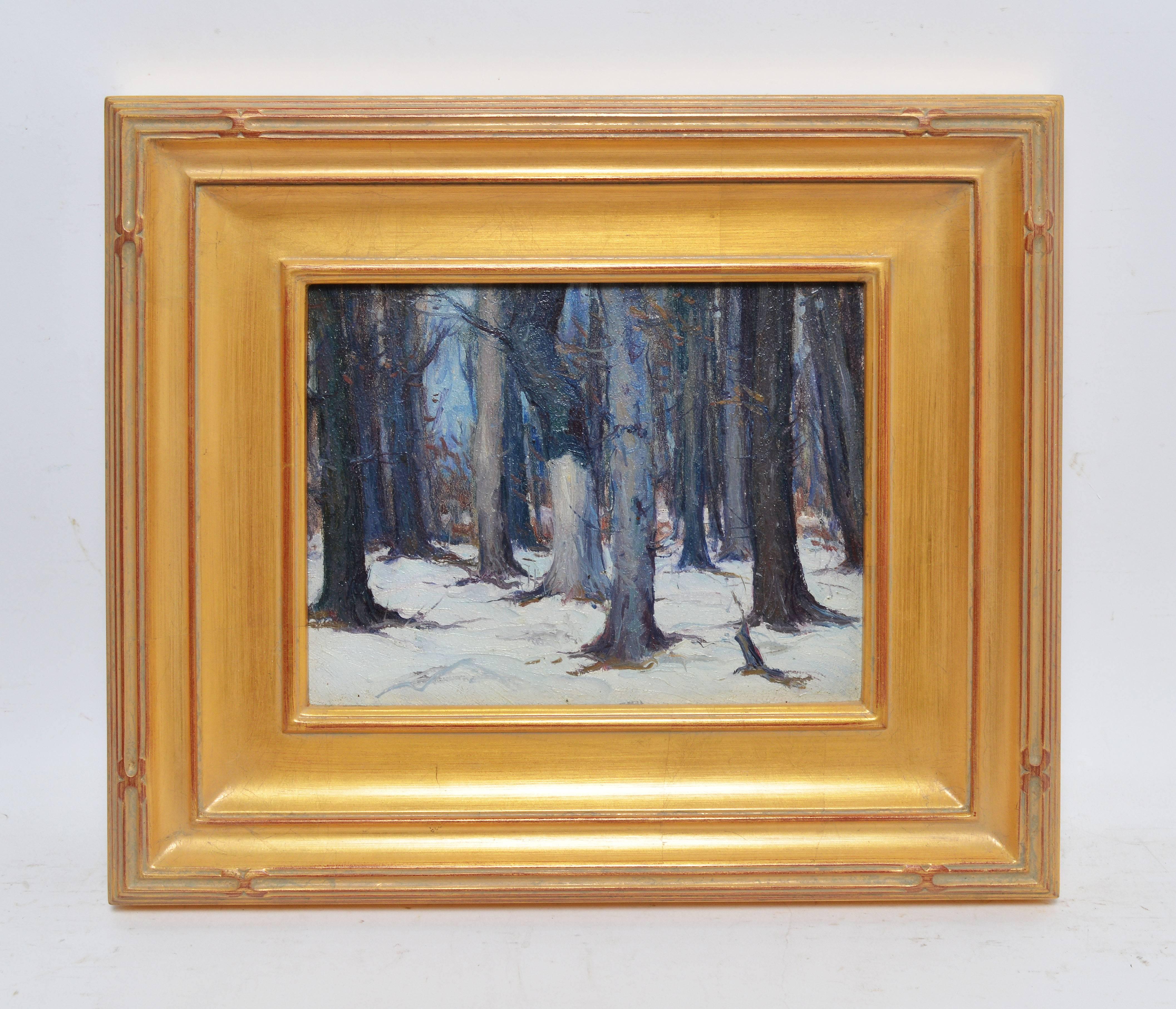 Impressionist winter landscape with a forest view by George Renouard  (1885 - 1954).  Oil on board, circa 1910.  Unsigned.  Gallery label verso.  Image size, 10