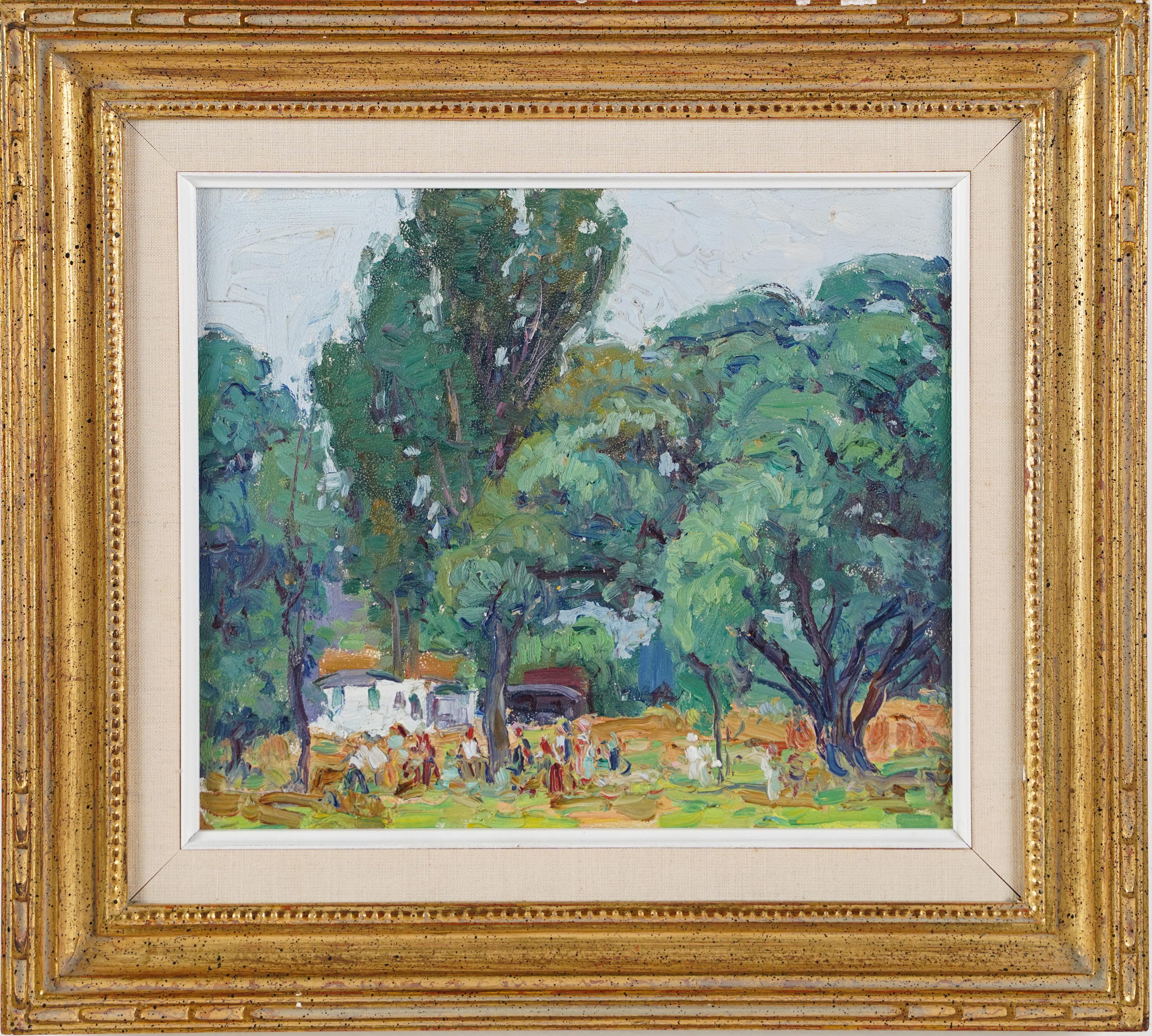 Antique American impressionist landscape oil painting.  Oil on board.  Framed.  Image size, 10L x 8.5H.