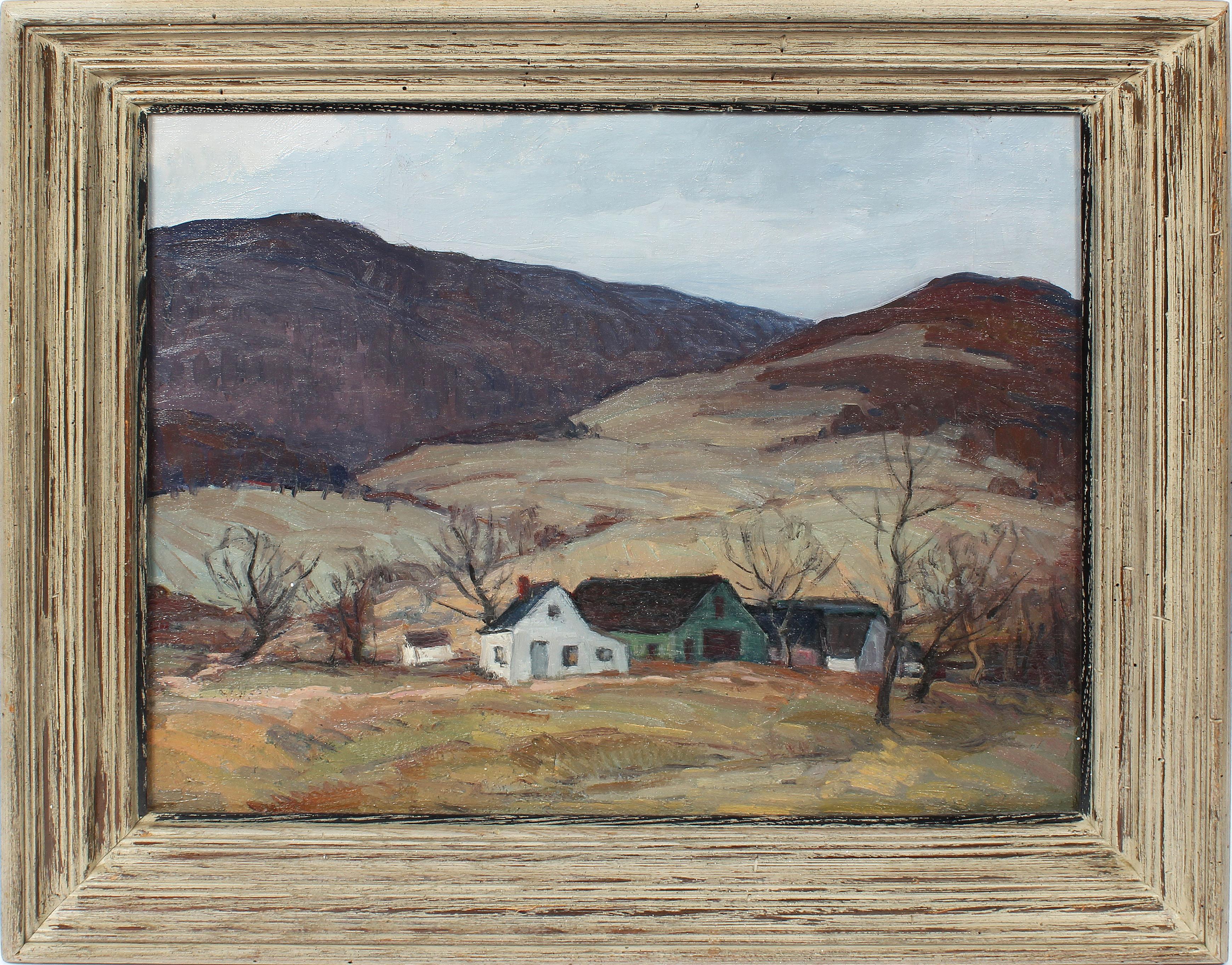 Landscape Painting de George Renouard - Antiguo cuadro al óleo impresionista americano Panorámica del valle del río Nueva York