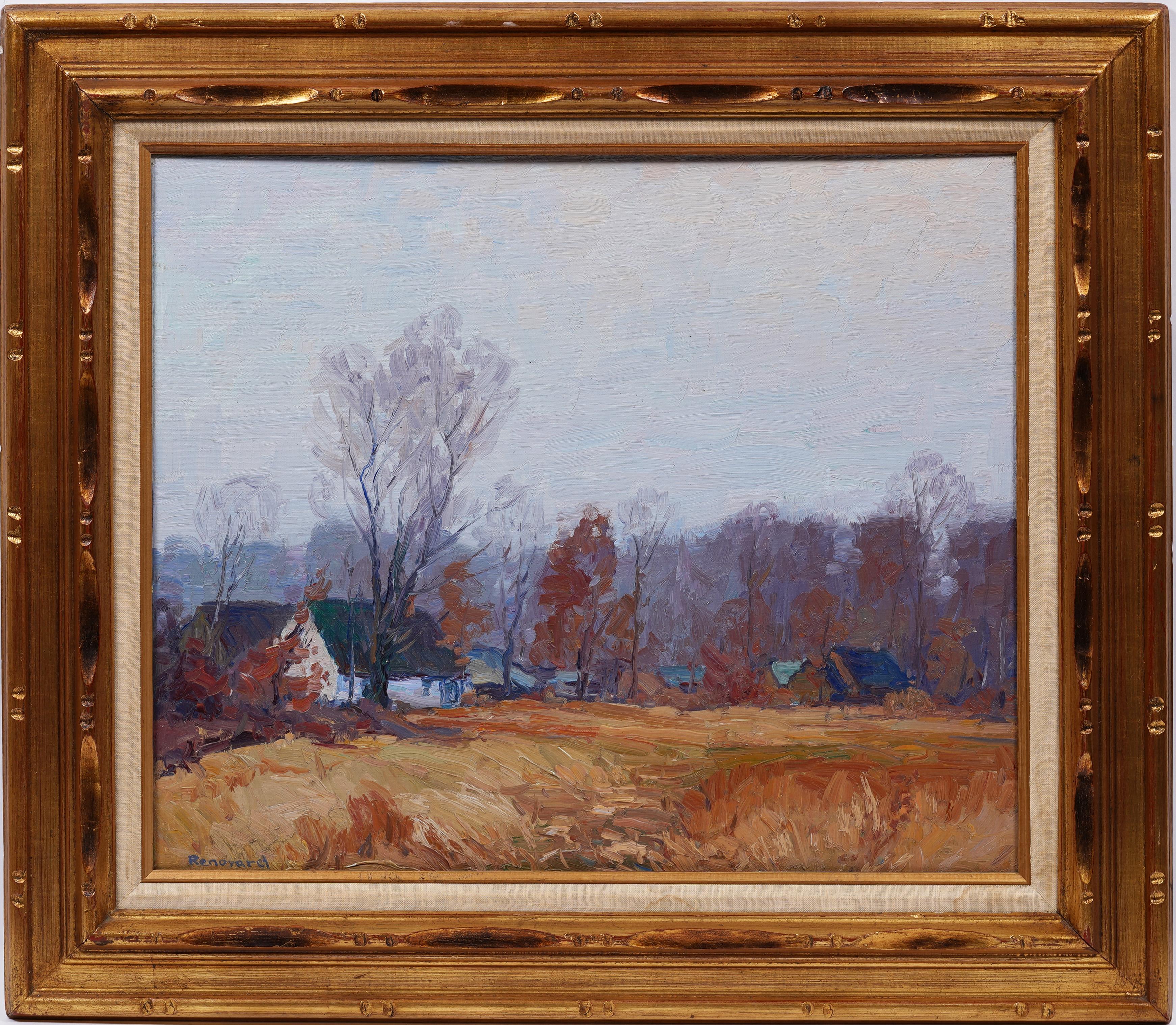 Antique American impressionist oil painting of a fall landscape by George A. Renouard (American, 1884-1954).  Oil on board.  Signed.  Framed.