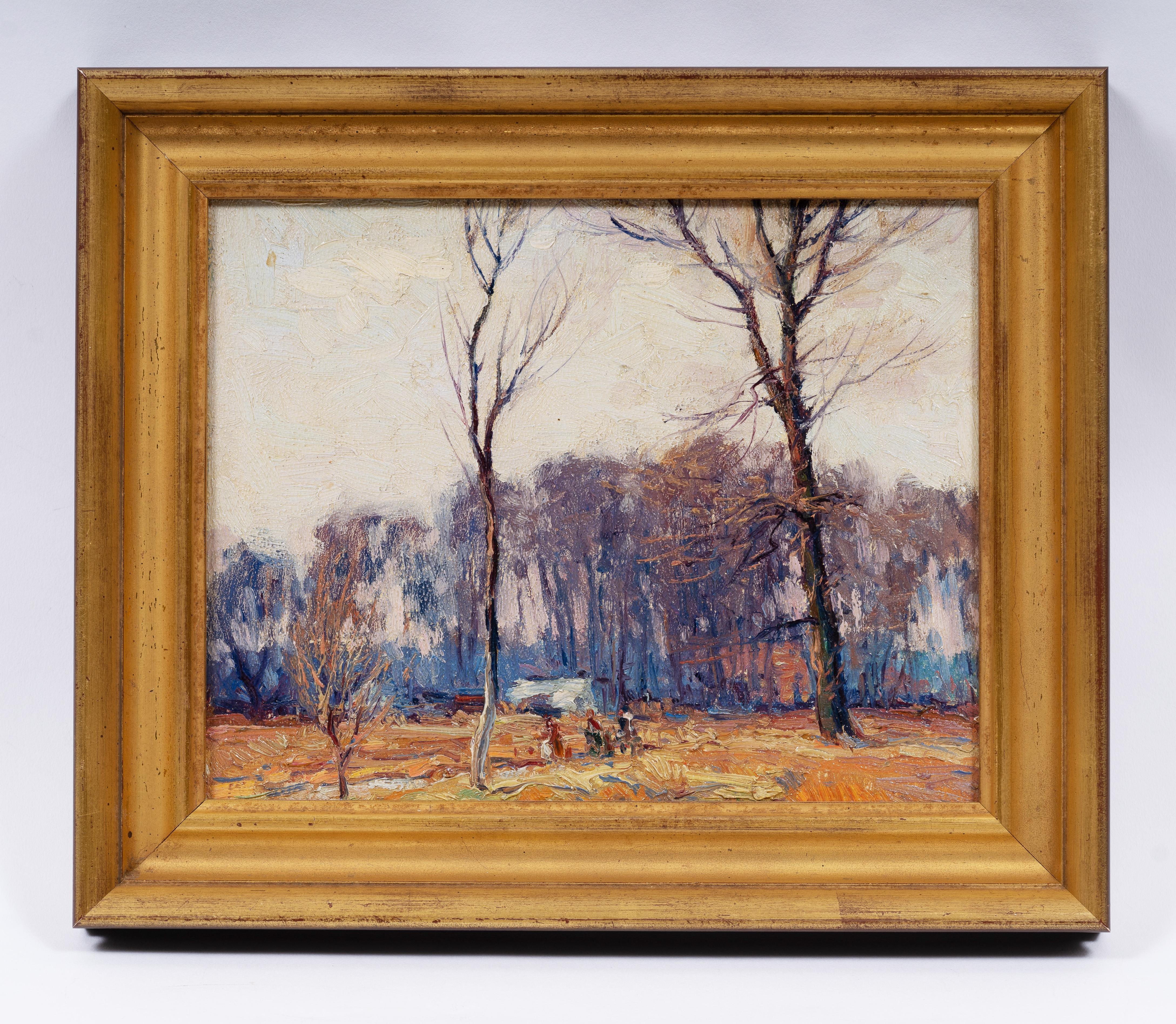 Ancienne peinture à l'huile impressionniste américaine, paysage de l'Upstate New York, encadrée - Abstrait Painting par George Renouard