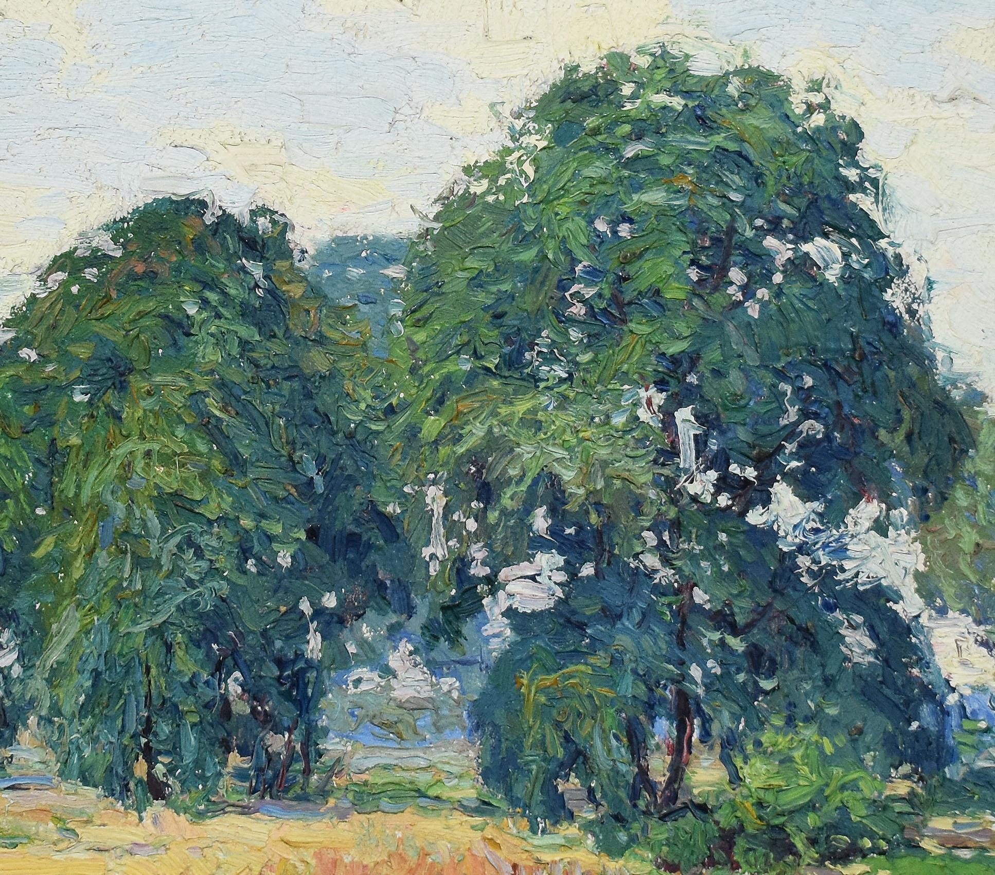 Antique American Plein Aire Impressionist Summer Landscape New York Oil Painting - Brown Landscape Painting by George Renouard