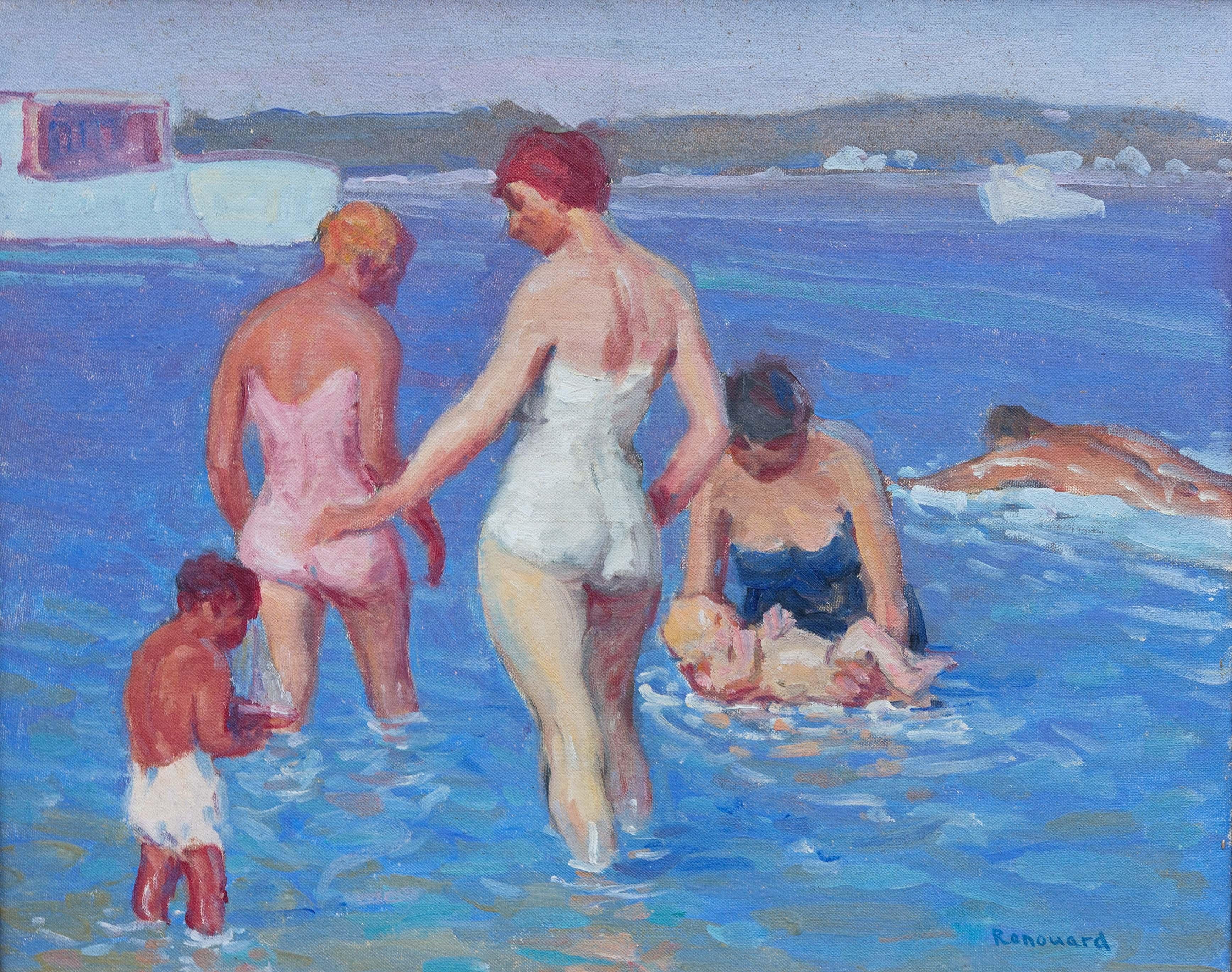 Amerikanisch-impressionistische Strandszene von George Renouard. Das Gemälde zeigt eine Familie von Badenden am Ufer. Die Figuren sind dreidimensional. Die Farben sind sowohl kräftig als auch sanft. Figurale Gemälde von Renouard sind selten. Dies