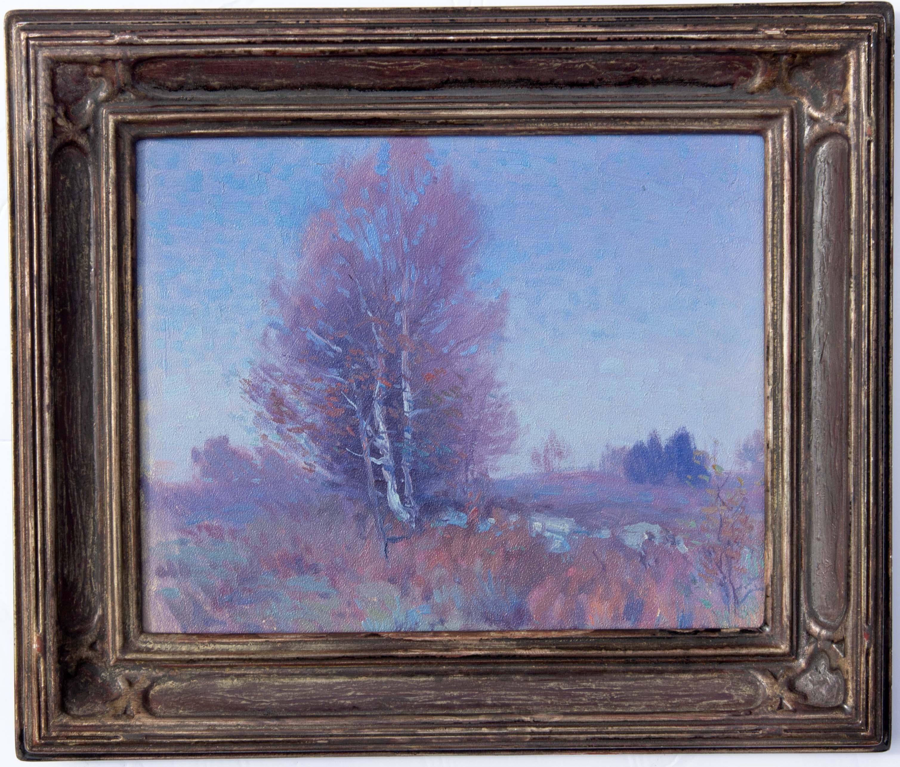 Paysage impressionniste de George Renouard. De magnifiques bleus et mauves. Huile sur panneau d'académie. Non signée. Daté au dos du 18 octobre 16. 
George Renouard, né à Rochester, dans l'État de New York, et ayant vécu une grande partie de sa vie