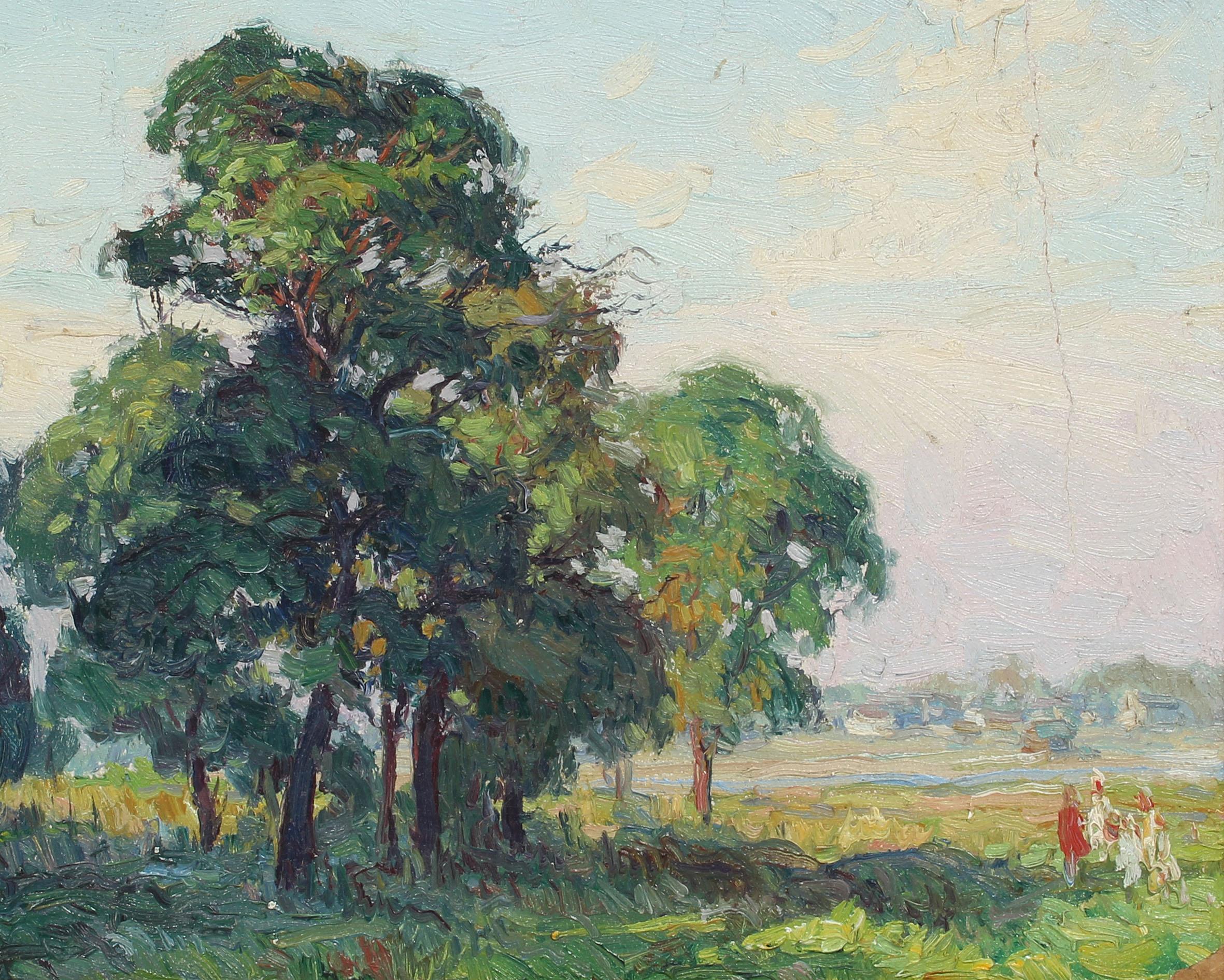 Oaks at Bergen Beach, NY Impressionist Summer Landscape Original Oil Painting - Brown Landscape Painting by George Renouard