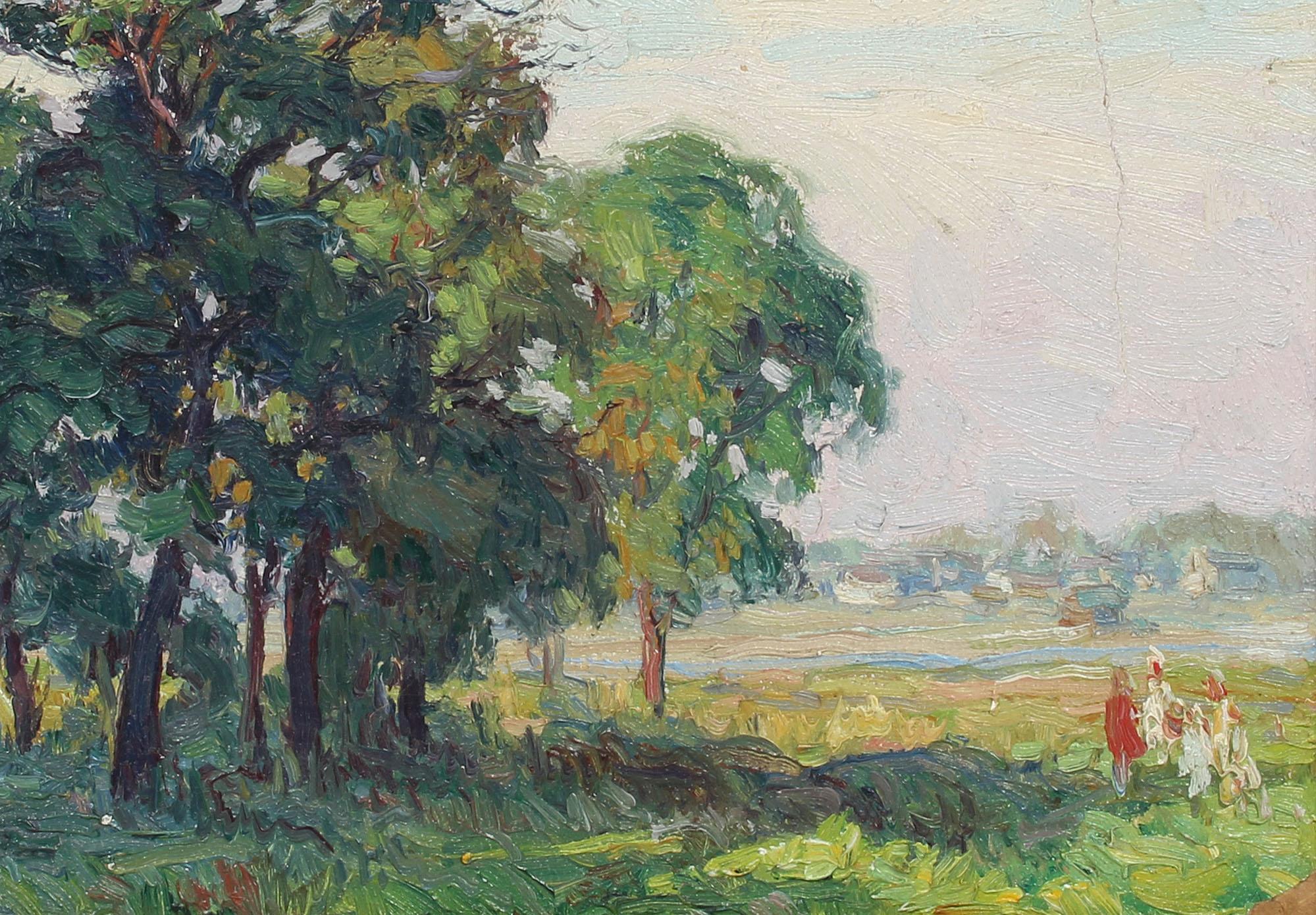 Antique impressionist oil painting of a Oak trees at Bergen Beach, NY by George A. Renouard (1885 - 1954).  Oil on board, circa 1927. Signed and titled on verso in pencil.  Displayed in a gold frame.  Image, 12