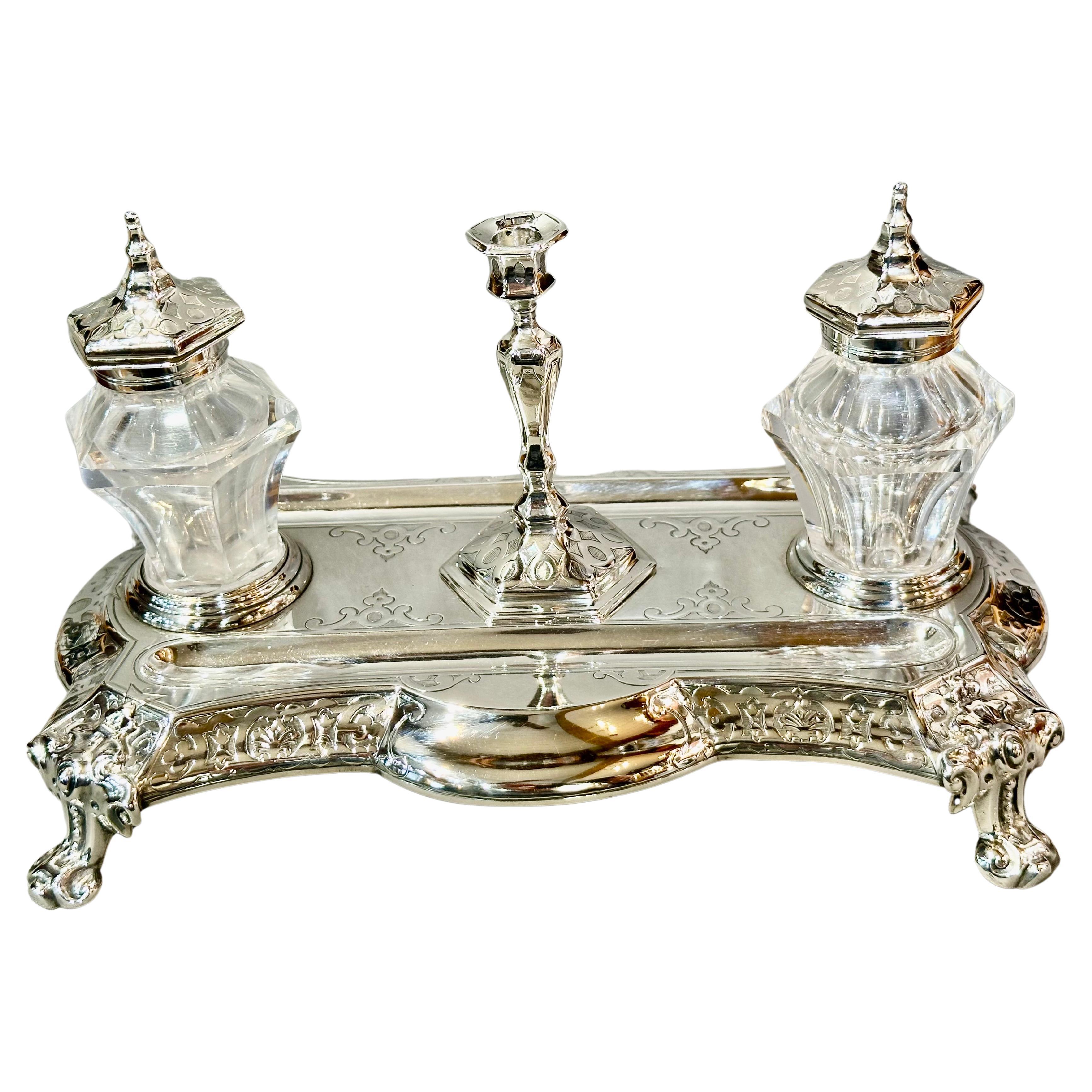  George Richards & Edward Brown English Sterling Silver Glass Inkstand 1862