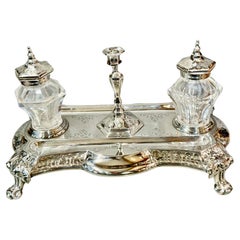 Antique  George Richards & Edward Brown English Sterling Silver Glass Inkstand 1862