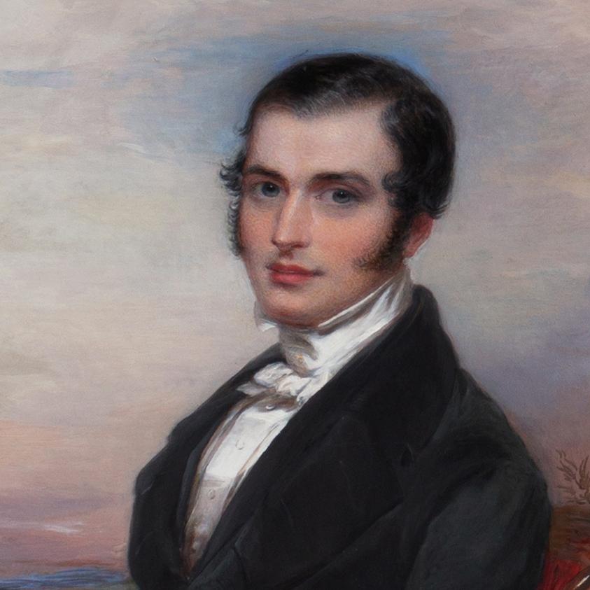 'Portrait of a Gentleman Reading' by George Richmond, RA. 
Regency Dandy, William Blake, Royal Academy, Framed Oil
-----

Signed lower right, 'Richmond' for George Richmond, RA (British, 1809 – 1896) and painted circa 1845. 
Displayed in a period,