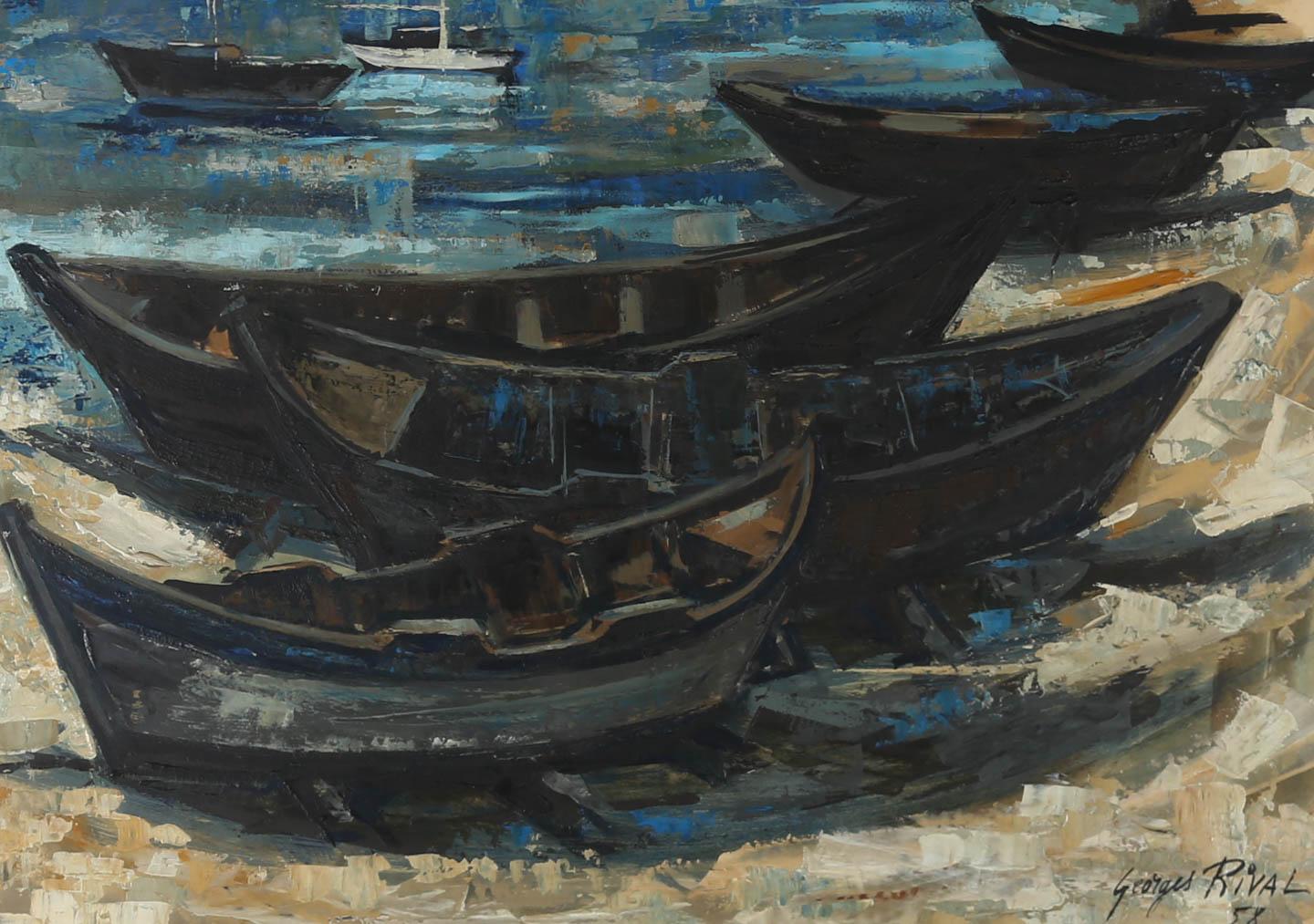 This charming study depicting fishing boats that have been beached on the shore after a day's work. The artist captures the boats in a cubist style, using an impasto technique to bring texture to the scene. Signed and dated to the lower right.