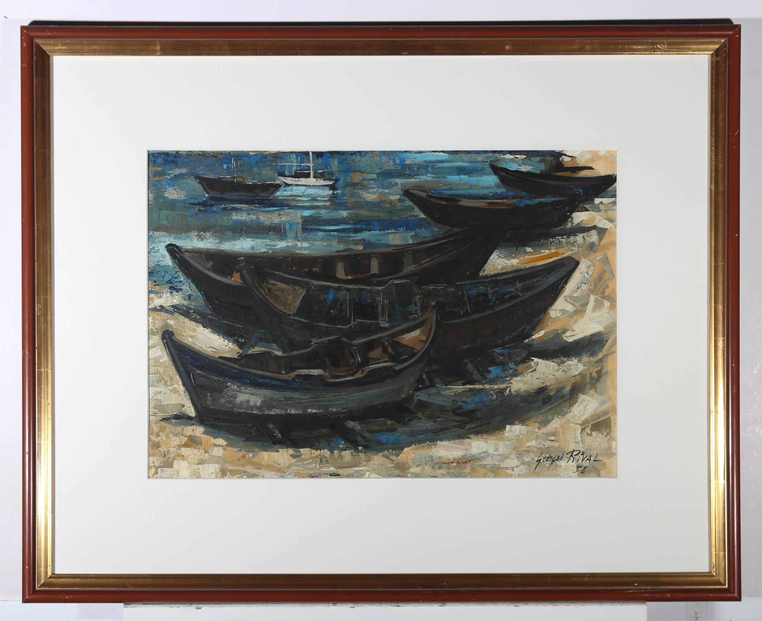 George Rival  - French School 1958 Oil, Beached Fishing Boats For Sale 1